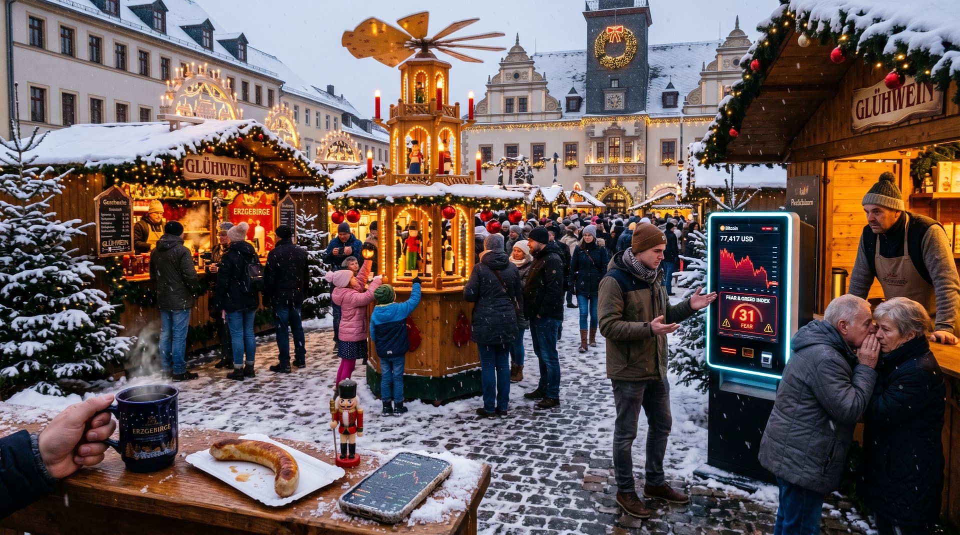 Erzgebirge-Weihnachtsmarkt mit Glühwein-Kiosk neben Krypto-Automat, roter BTC-Chart und Fear & Greed 31