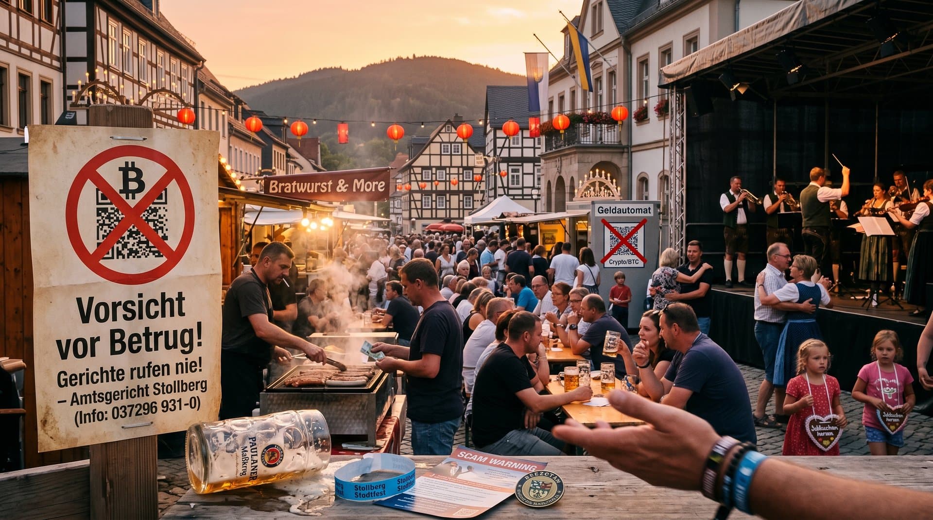 Stollberg Stadtfest Marktplatz: Warnplakat vor Crypto-Scams, Familien feiern mit Schwibbögen