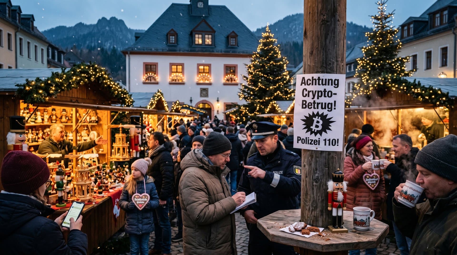 Stollberg Weihnachtsmarkt Marktplatz mit Crypto-Betrug-Warnplakat, Schwibbögen, Polizei und festlicher Atmosphäre