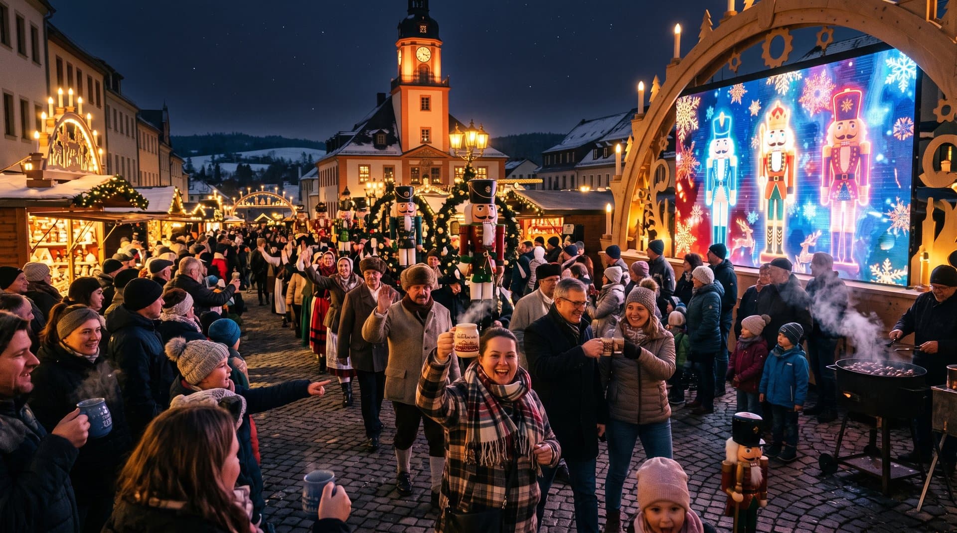 Nussknackerparade Stollberg Marktplatz mit Schwibbögen, KI-Bildschirm und winterlicher Erzgebirge-Atmosphäre