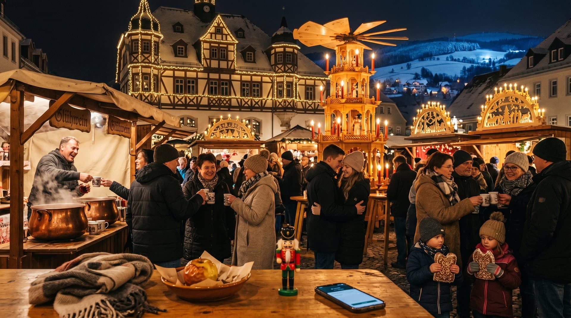 Drehende Pyramiden auf Stollberg Marktplatz mit Crypto-Overlay und Fear & Greed Grafik