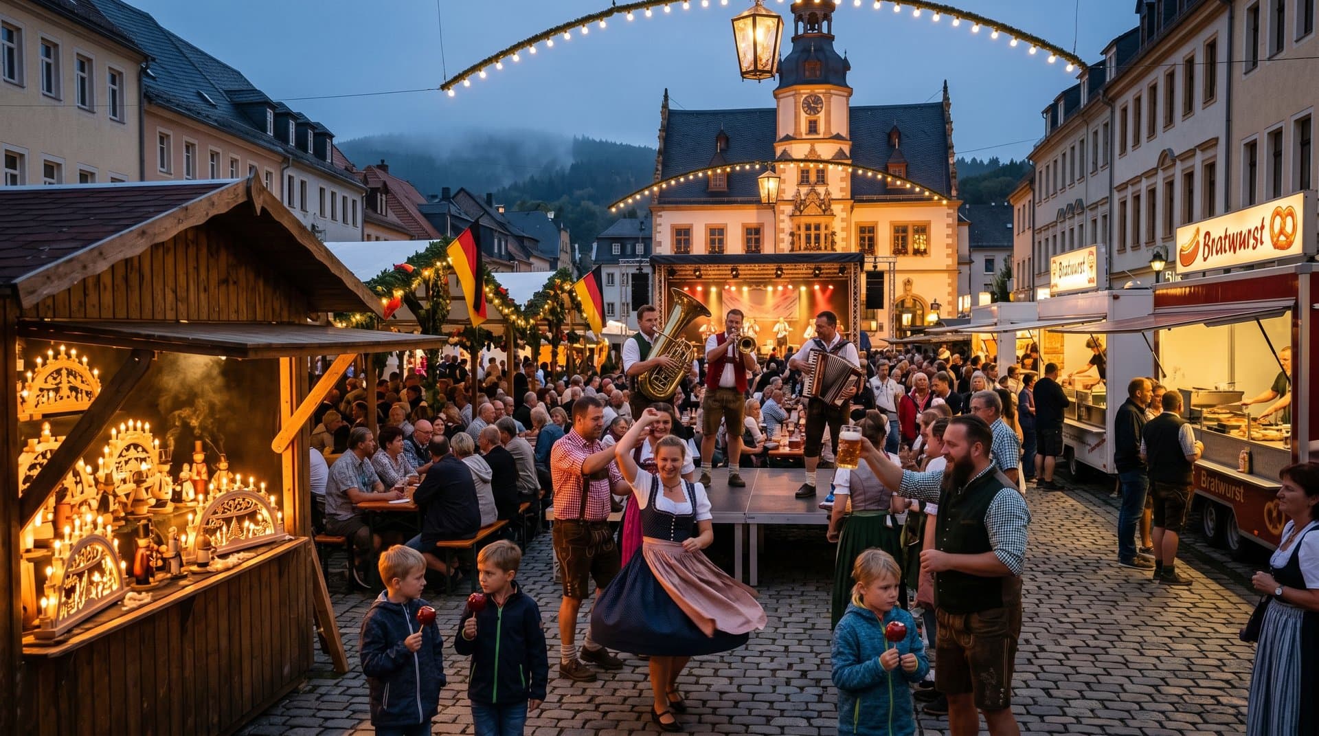 Stollberg Marktplatz beim Stadtfest mit Schwibbögen, Räuchermännchen und Festbesuchern im Erzgebirge