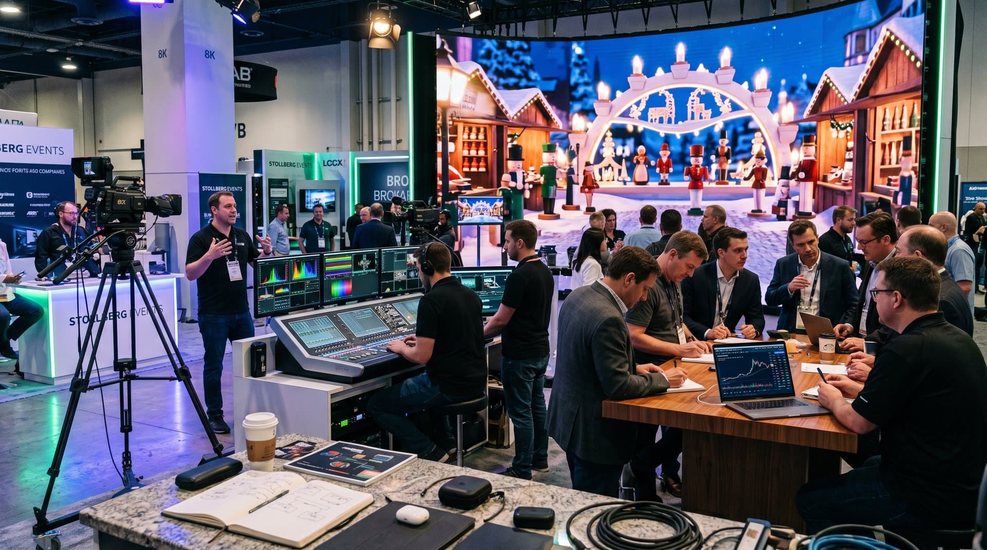 AI-Broadcast-Demos mit Kameras, LED-Wänden und Crypto-Charts auf NAB Show für Stollberg-Events