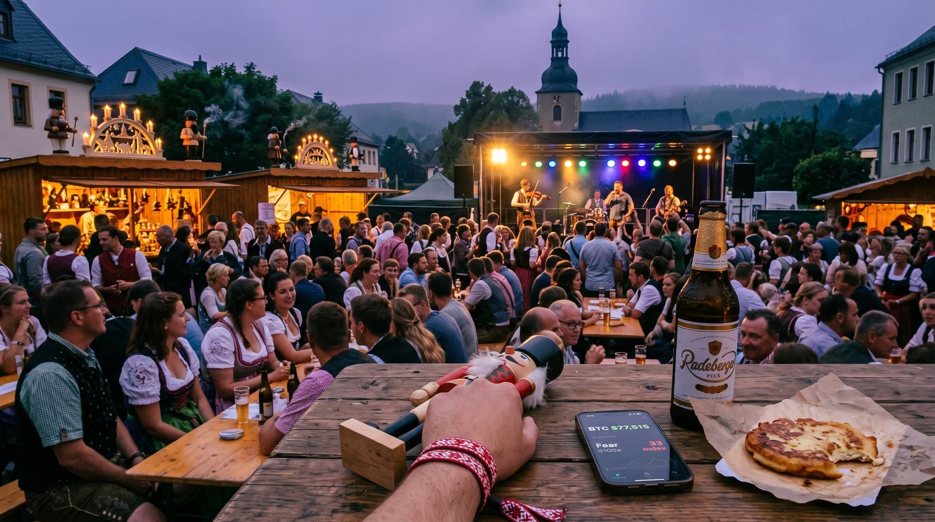 Stollberg Marktplatz Festival mit Schwibbögen, Quarkkeulchen, Pils und BTC-Display bei $77k