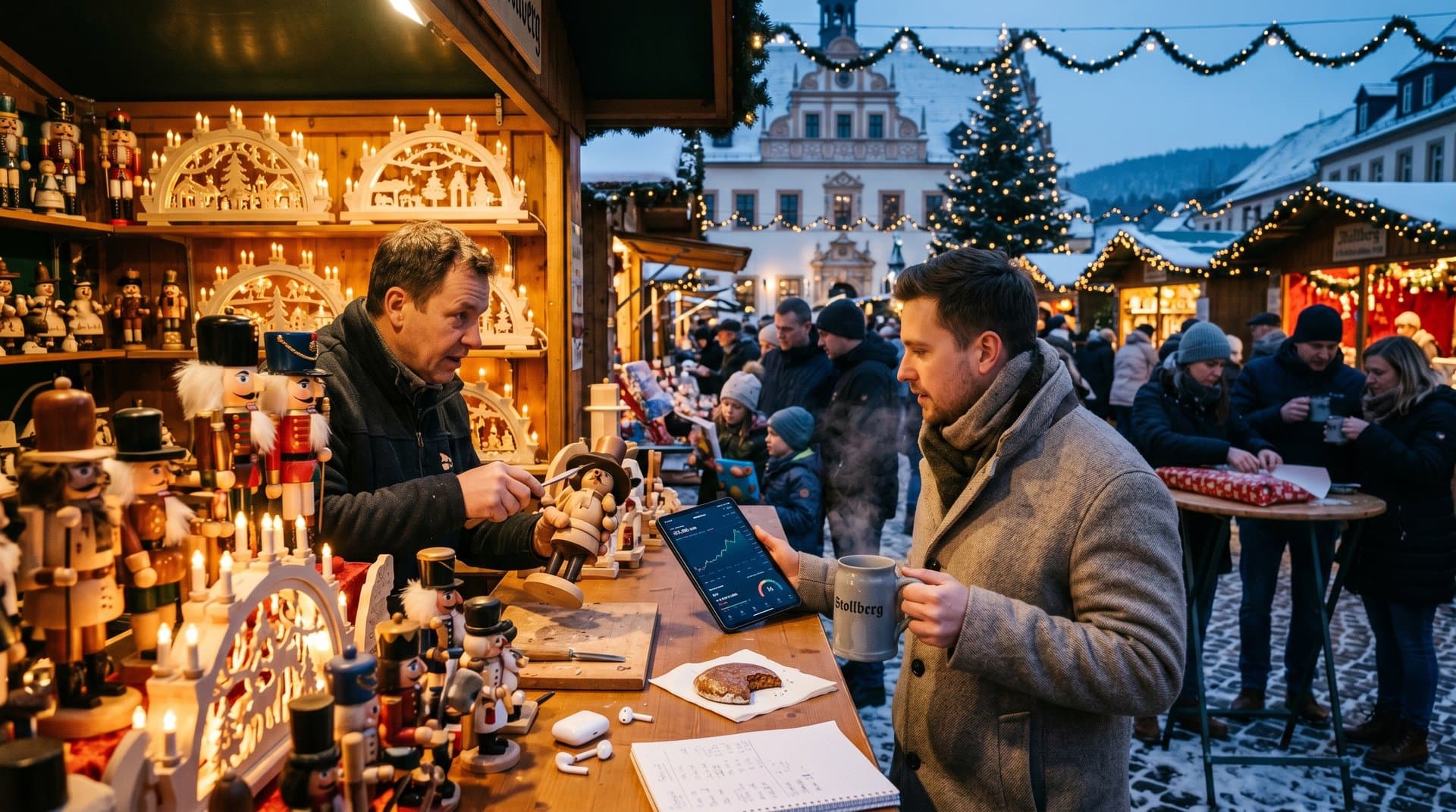 Stollberger Weihnachtsmarkt mit Handwerksständen, Crypto-Charts und Marktplatz-Atmosphäre