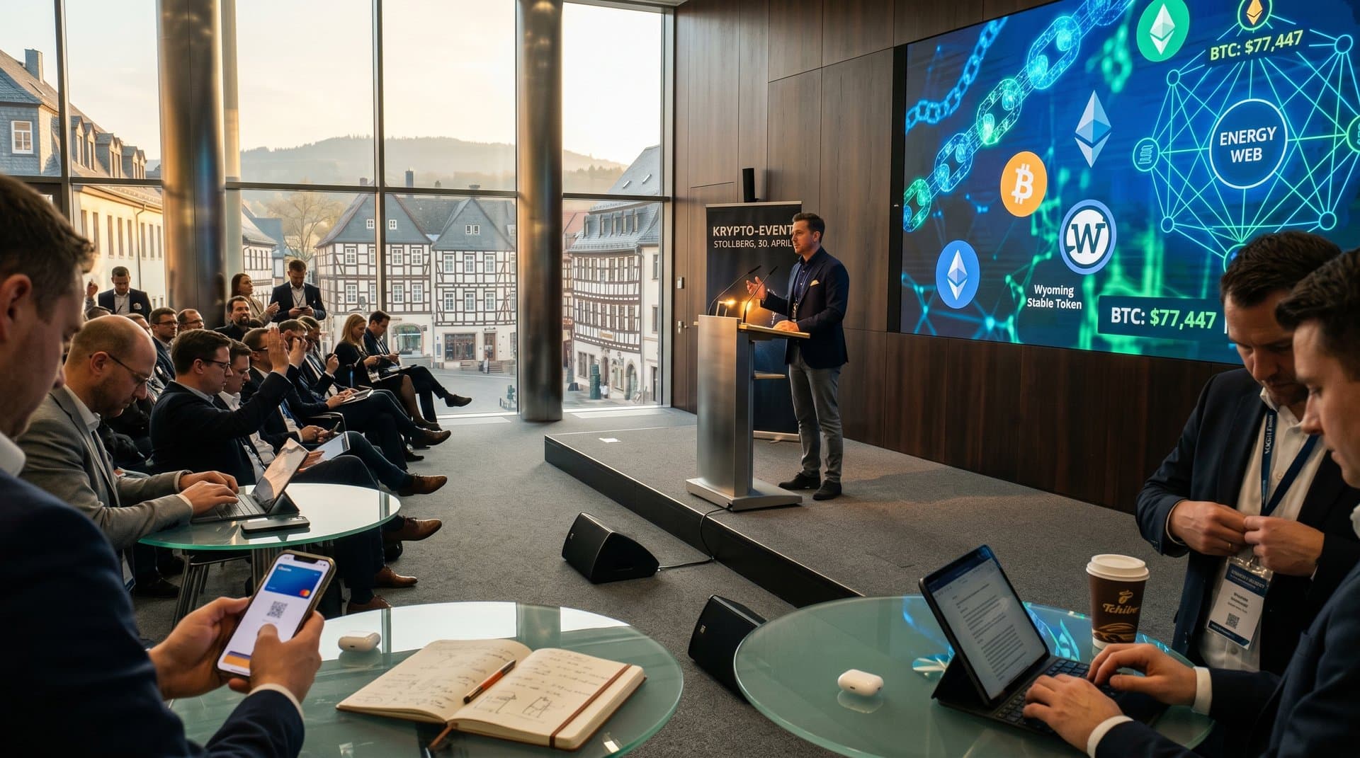Konferenzbühne mit LED-Screens zu Krypto-Charts, Networking-Profis mit Tablets in modernem Saal mit Stollberg Marktplatz-Blick