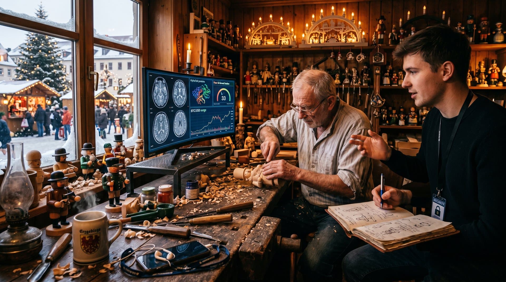 Stollberg Crafter mit Räuchermännchen, Gehirnscan-Monitor, Marktplatz (62 chars)
