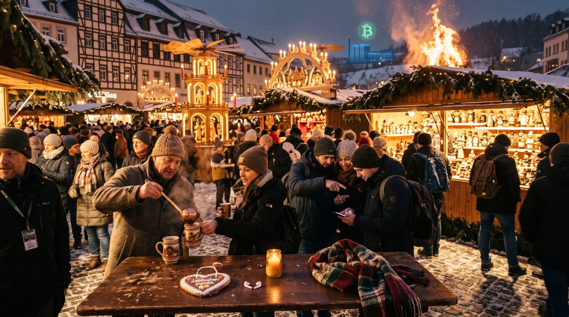 Stollberger Weihnachtsmarkt mit Schwibbögen und Bergfeuer kontrastiert zu KI-Energie