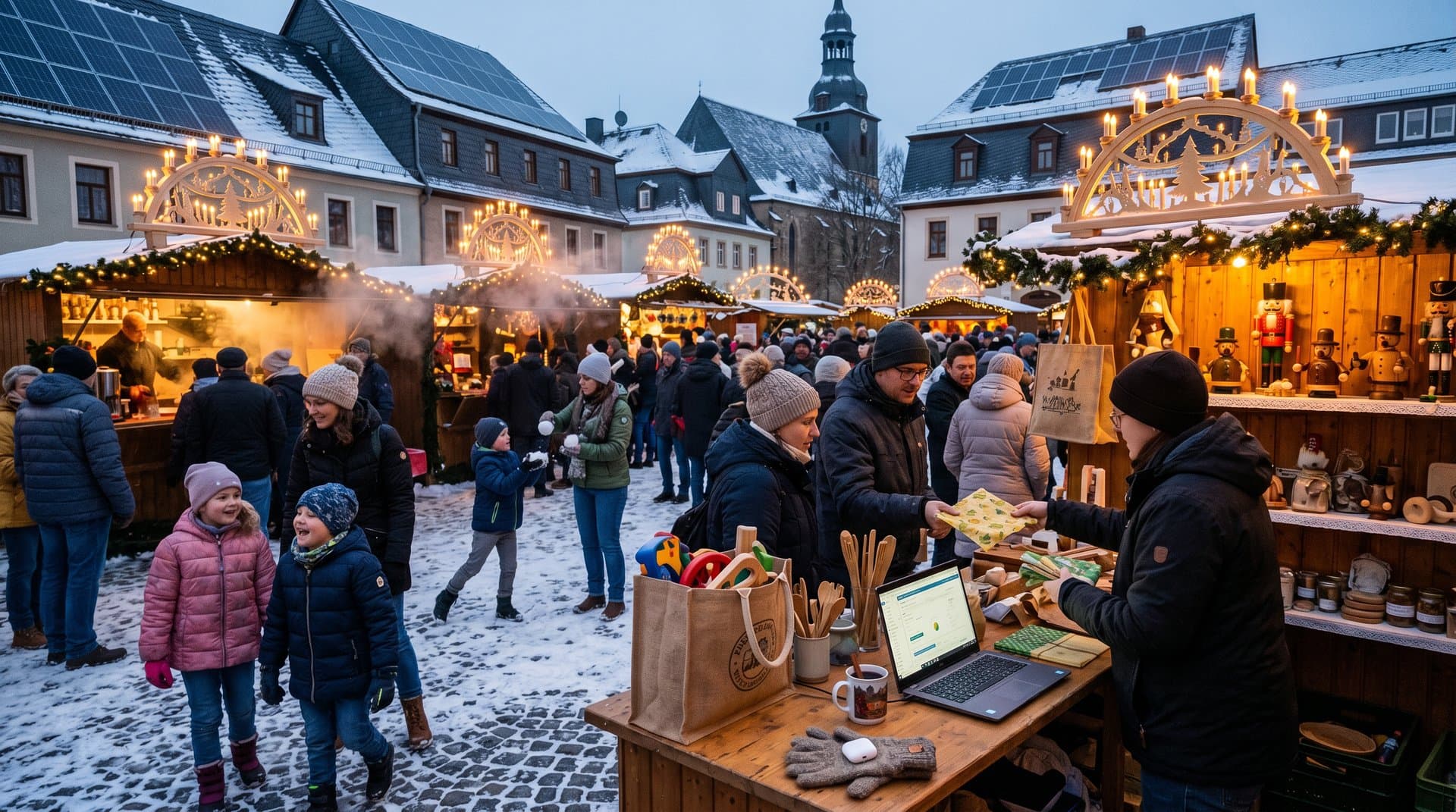 Stollberg Marktplatz mit solarbetriebenen Schwibbögen und ESG Screener auf Laptop
