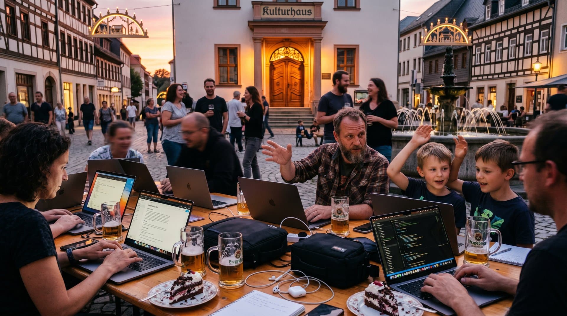 Stollberg Kulturhaus bei Asahi Linux 7.0 Demo-Party mit Coder, MacBooks und Crypto-Charts im Erzgebirge