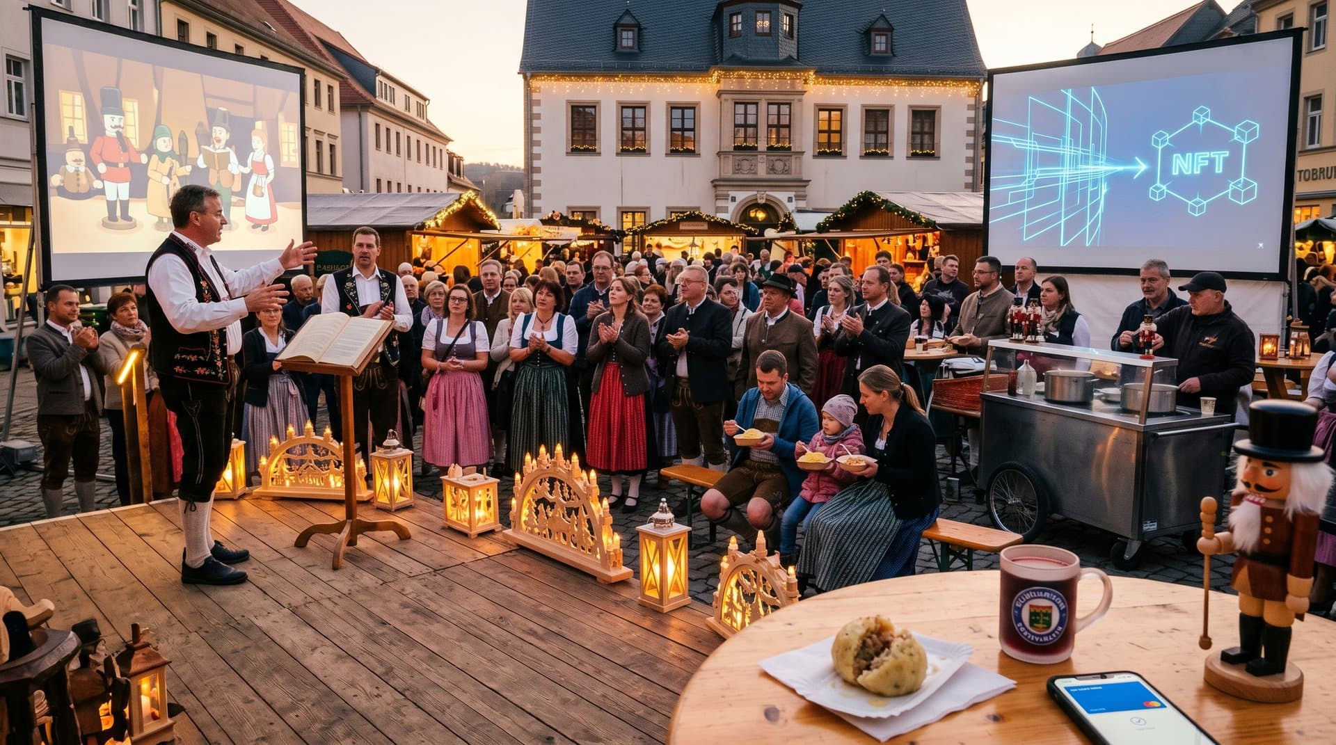 Marktplatz Stollberg mit Storytellern, Schwibbogen und Blockchain-Demo bei Humanity on the Page Festival