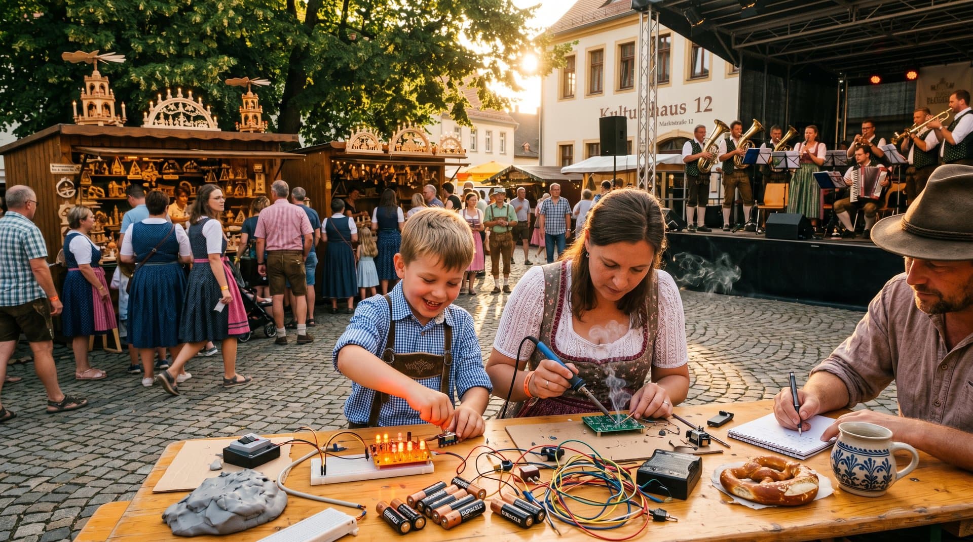 Stollberg Festival: Leitfähiger Ton geformt zu PCBs mit LEDs auf Marktplatz, Erzgebirge-Handwerk trifft Elektronik