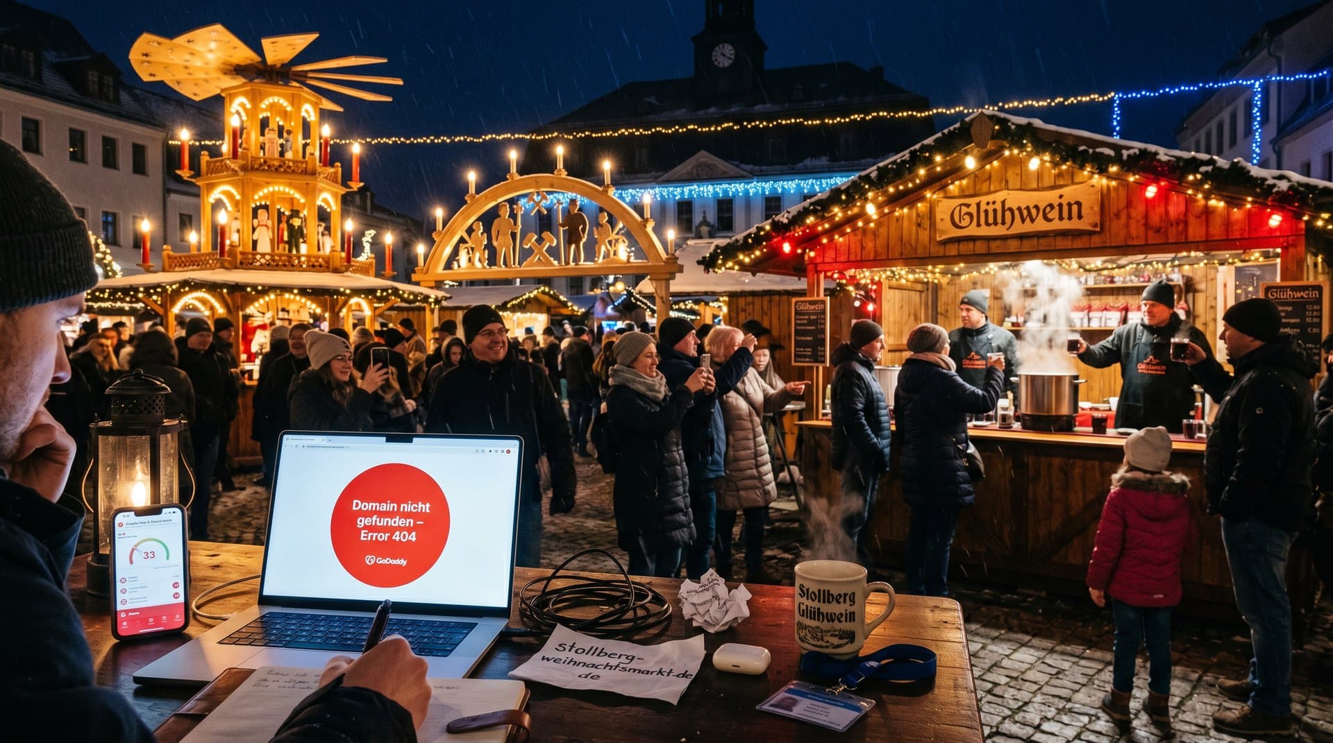Stollberg Marktplatz bei Nacht mit Weihnachtsmarkt-Dekorationen, Laptop zeigt Domain-Fehler und GoDaddy-Logo