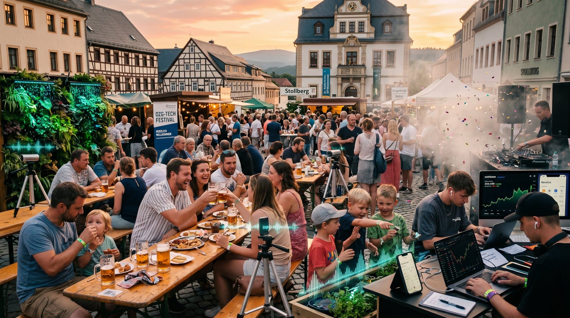Sound-Performance mit Pflanzen-Regengeräuschen auf Stollberg Marktplatz, AI-Sensoren, Crypto-Apps und Festival-Gäste bei Sonnenuntergang