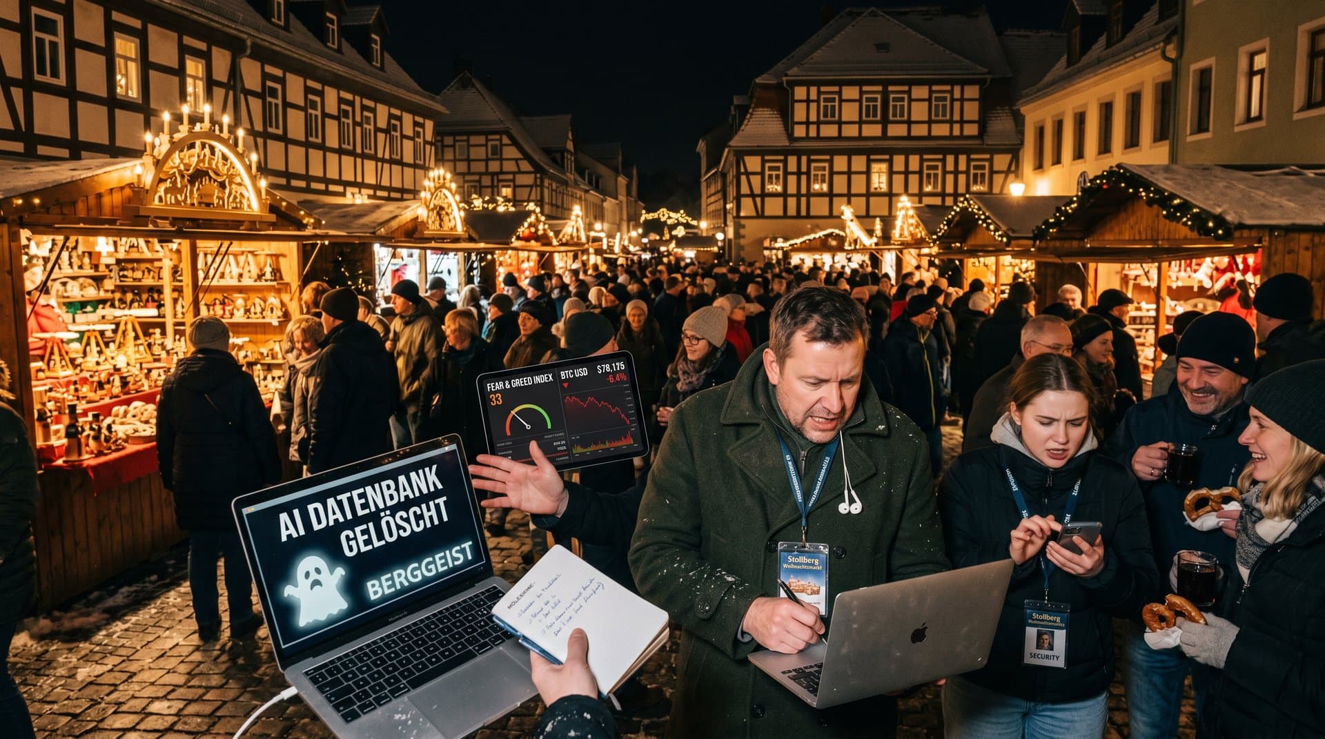 Stollberger Weihnachtsmarkt mit AI-Datenbank-Fehlermeldung, Panik inmitten Schwibbögen und Crypto-Charts Fear & Greed 33