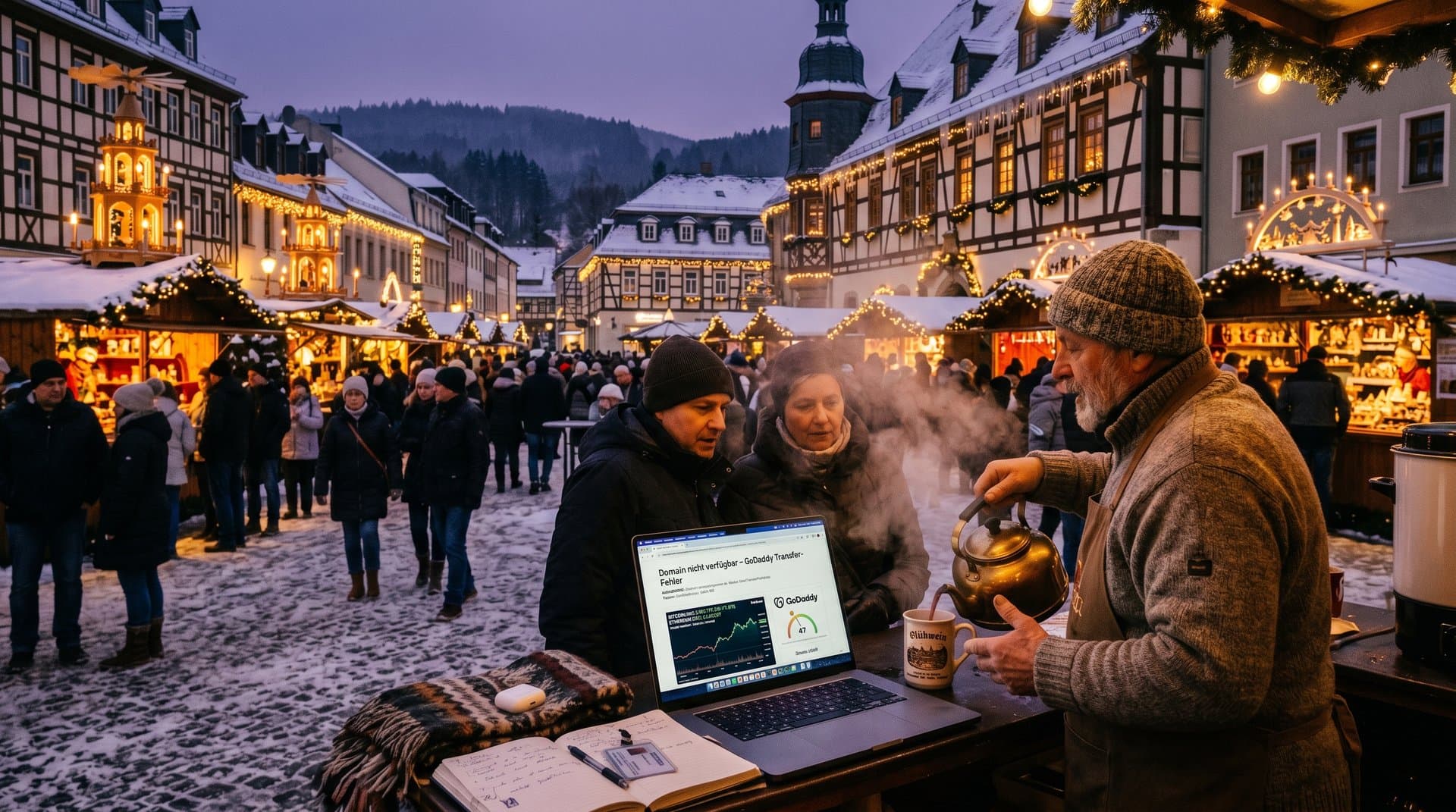 Stollberg Weihnachtsmarkt am Rathausplatz mit GoDaddy Domain-Fehler auf Laptop, BTC-Chart und Erzgebirge-Tradition