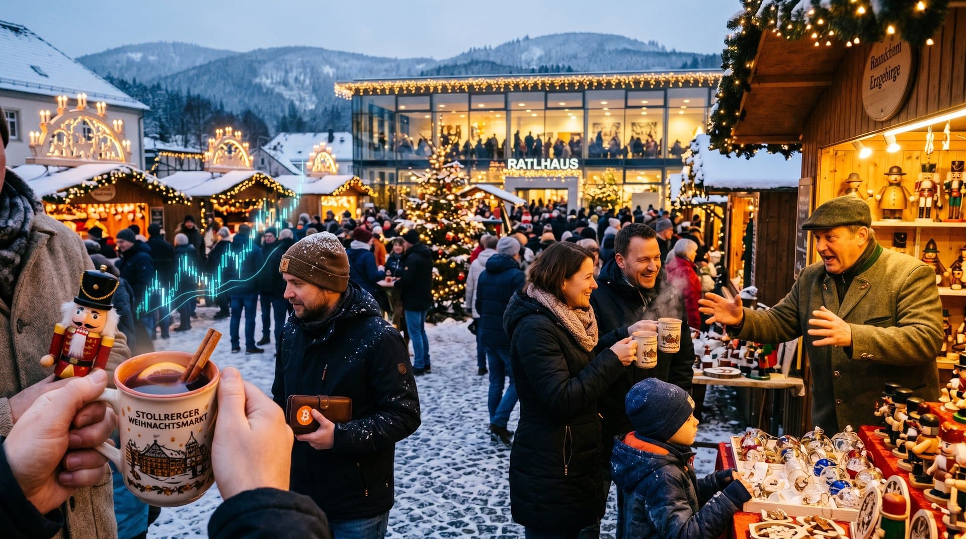 Stollberger Weihnachtsmarkt mit Schwibbögen, Trachten und Bitcoin-Chart-Overlay auf Rathausplatz