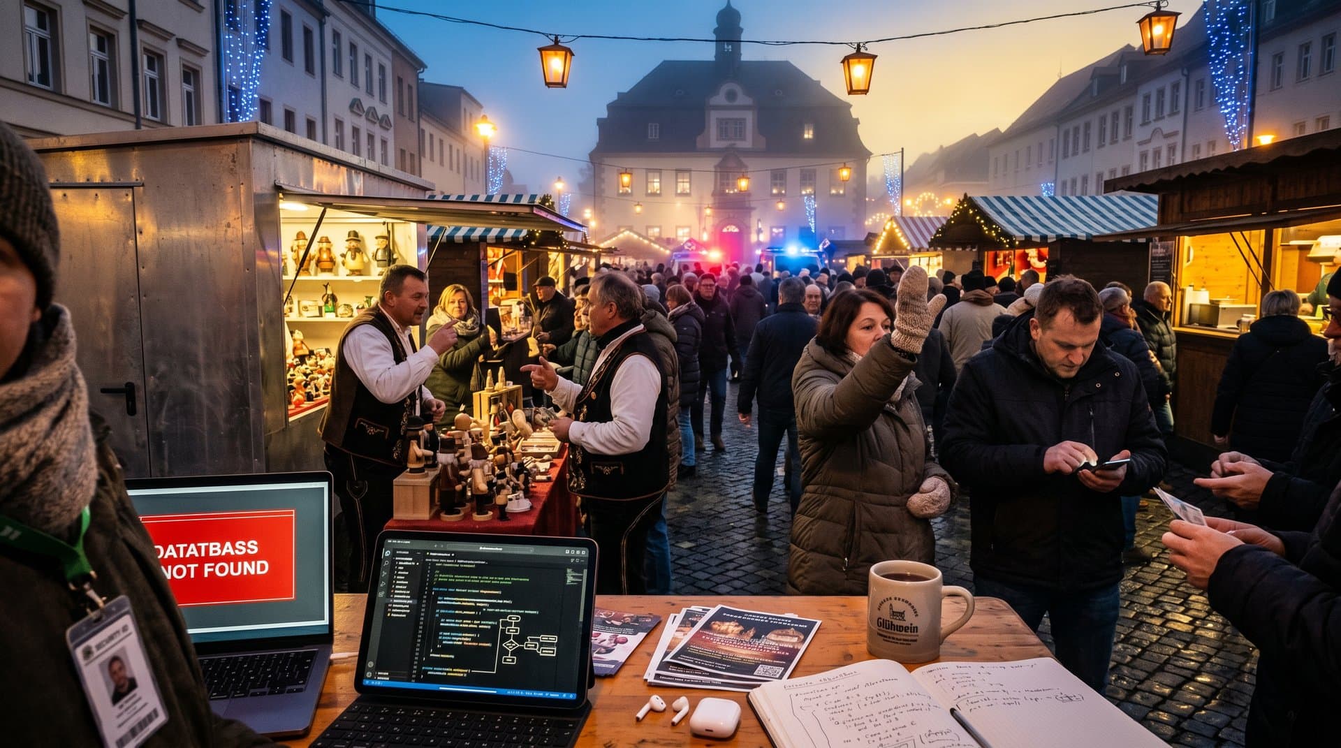 Stollberg Marktplatz mit Festivalständen und Laptop, das KI-Datenbank-Löschfehler zeigt, Erzgebirge-Atmosphäre