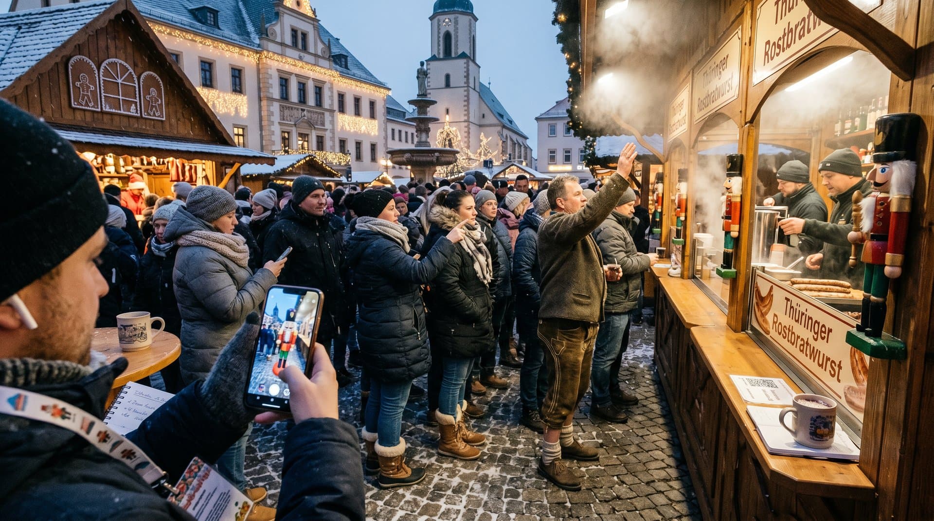 Stollberg Marktplatz mit AR-Nussknackern, Weihnachtsmarkt, smarte Gastronomie-Kiosks und KI-Effekten