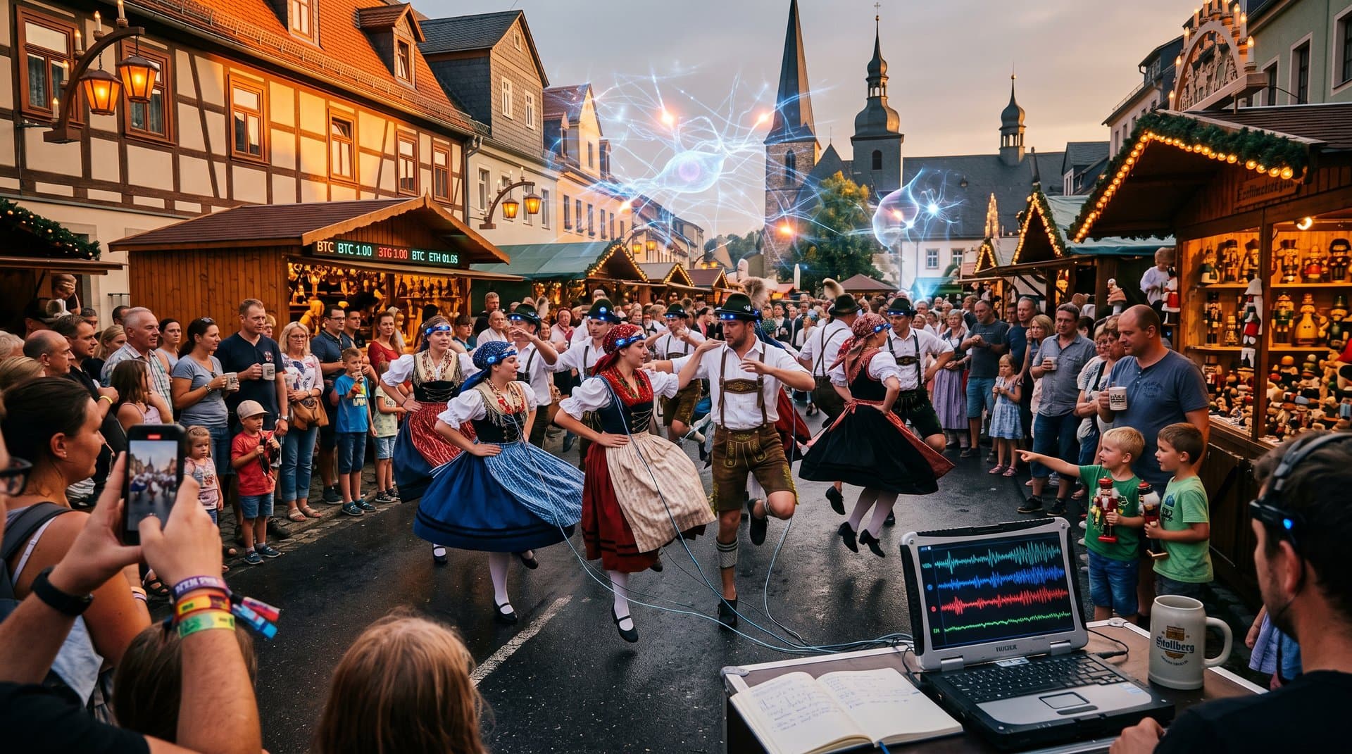 KI-Neuroscience-Event auf Stollberg Marktplatz: Folktänzer mit EEG, Brainwave-Projektionen und Crypto-Displays