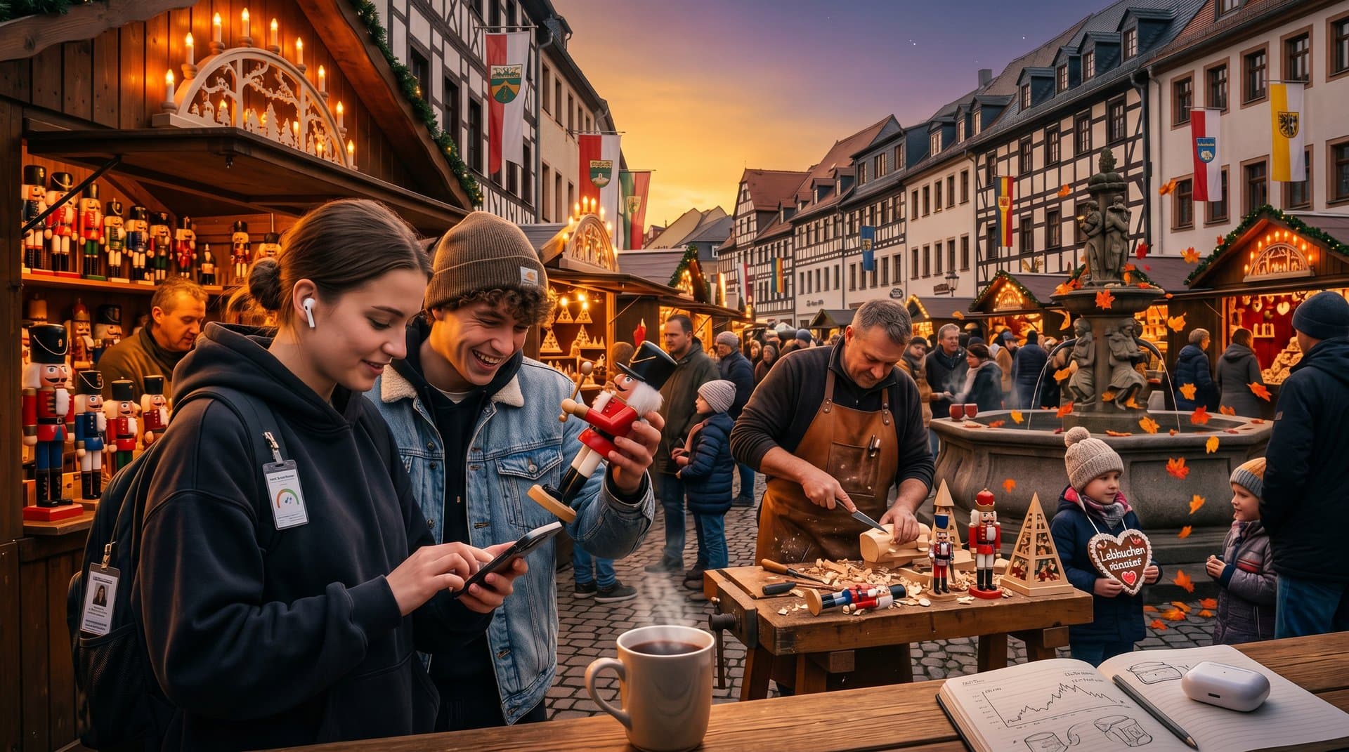 Stollberg Marktplatz beim Erzgebirge-Fest mit Nussknacker-Ständen und Gen Z Besucher