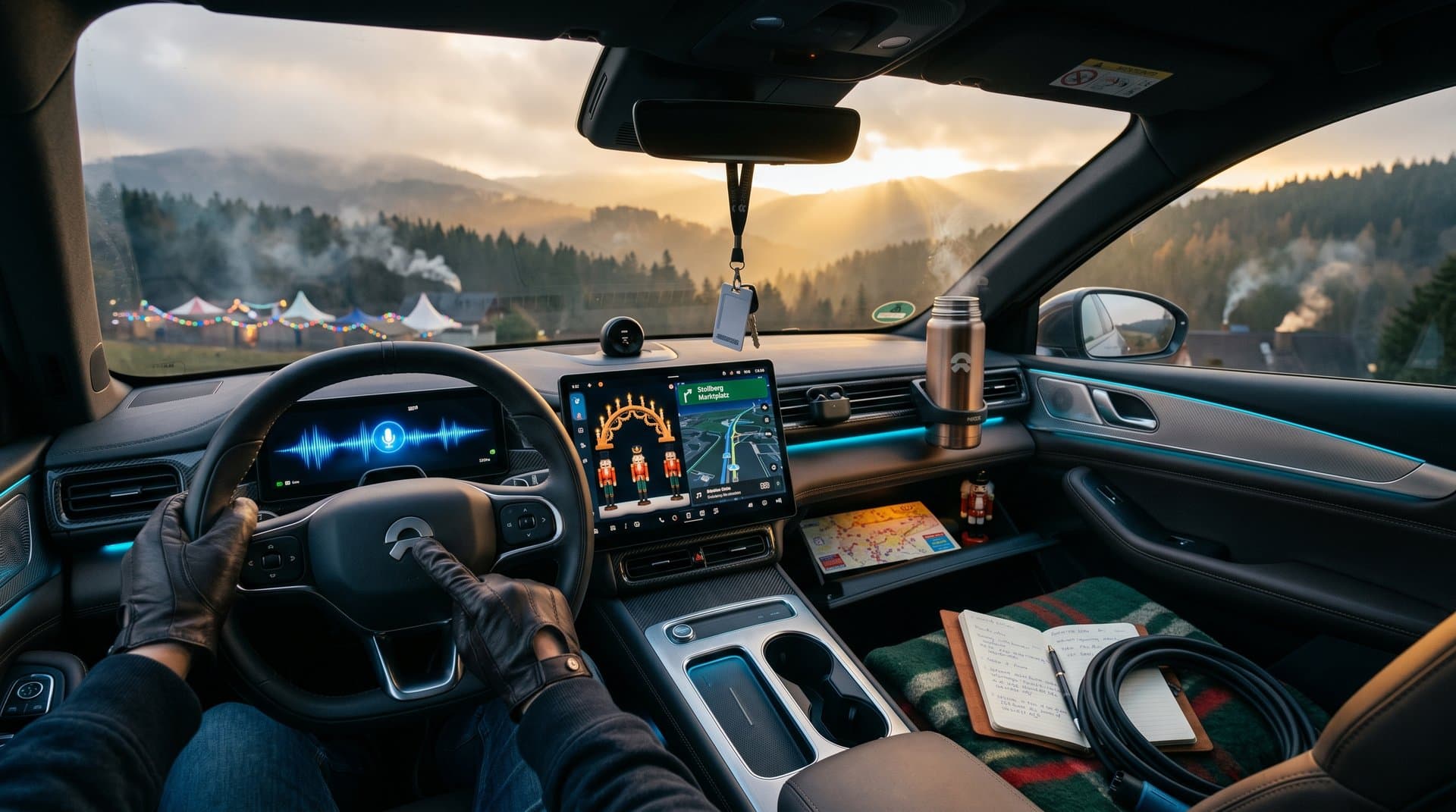 Voice AI-Dashboard in EV mit Stollberg-Route und Erzgebirge-Folklore-Elementen