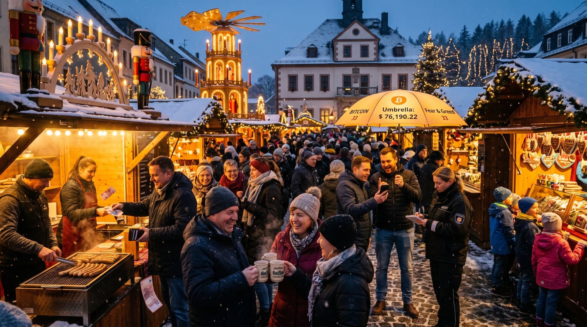 Stollberg Weihnachtsmarkt mit Bargeld, Nussknäckern und Glühwein kontrastiert zu BTC-Charts und Fear Index 33
