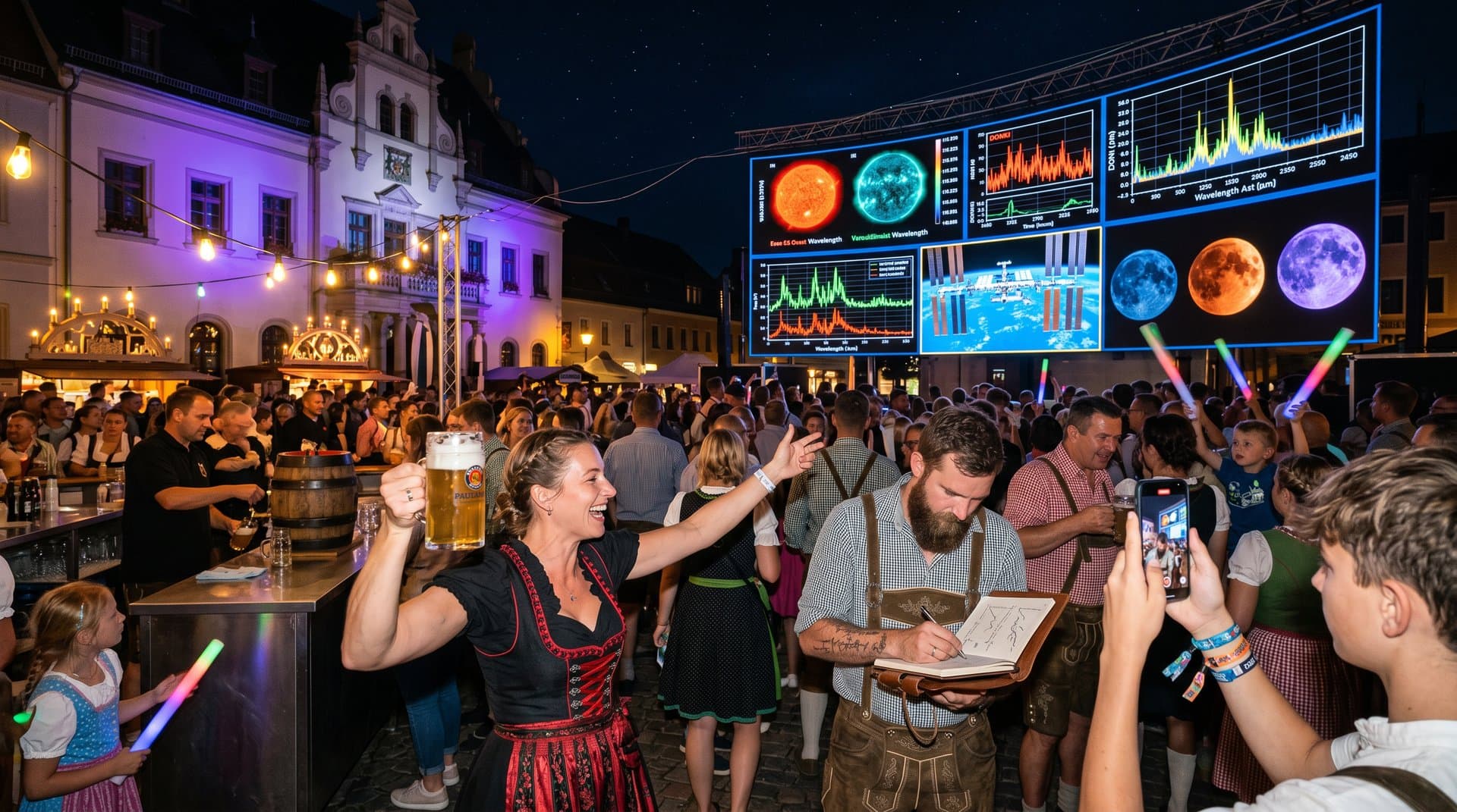Stollberg Marktplatz-Fest mit NASA-Dashboard auf LED-Wand, Sonnenbilder und feiernde Community