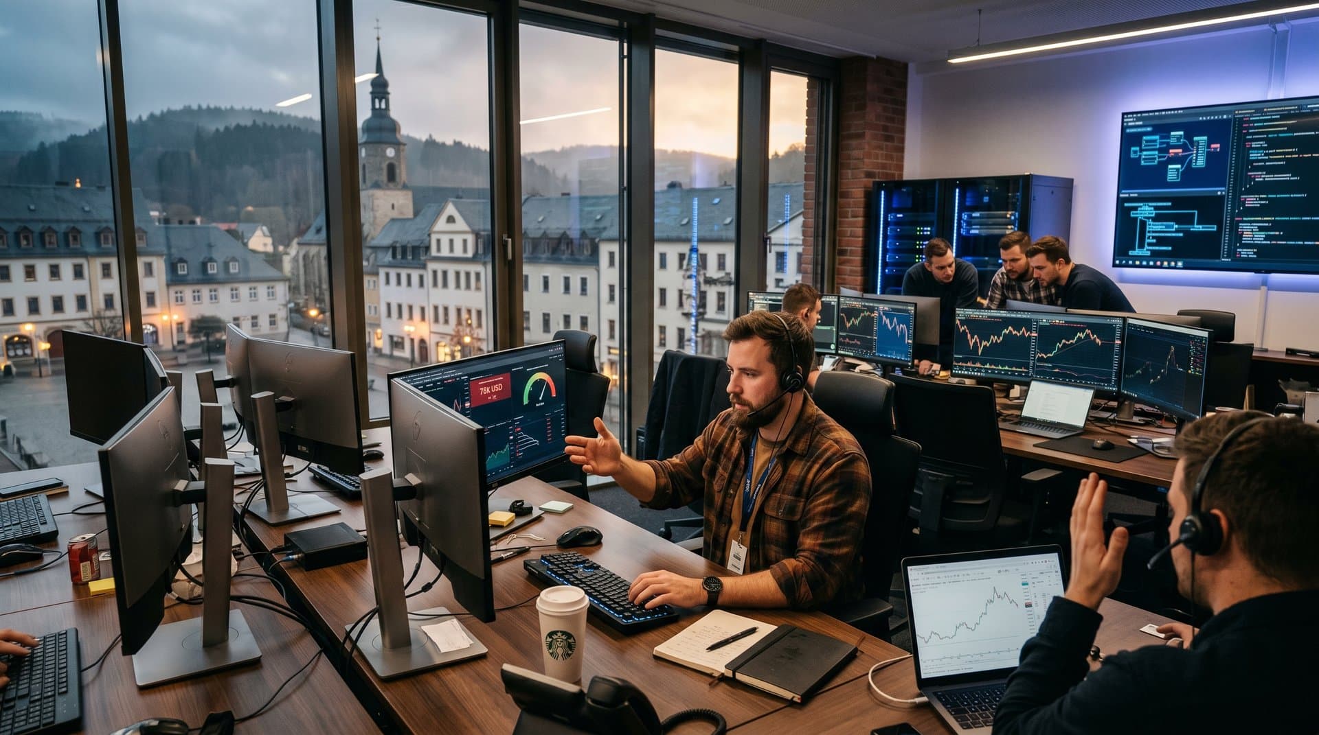 Stollberg-Trading-Büro mit Krypto-Charts, JIT-Diagrammen und Erzgebirge-Blick
