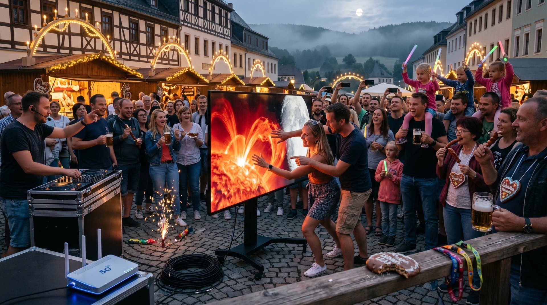 Marktplatz Stollberg mit NASA-4K-Bildschirm: Live-Sonne und Mond bei Sommerfest