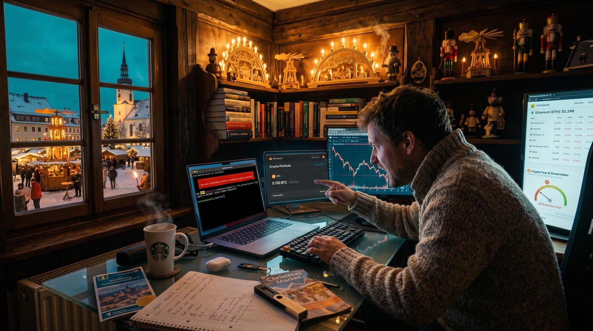 Stollberg-Dev-Home-Office mit NPM-Warnung vor elementary-data 0.23.3, Krypto-Wallets und Weihnachtsmarkt-Blick