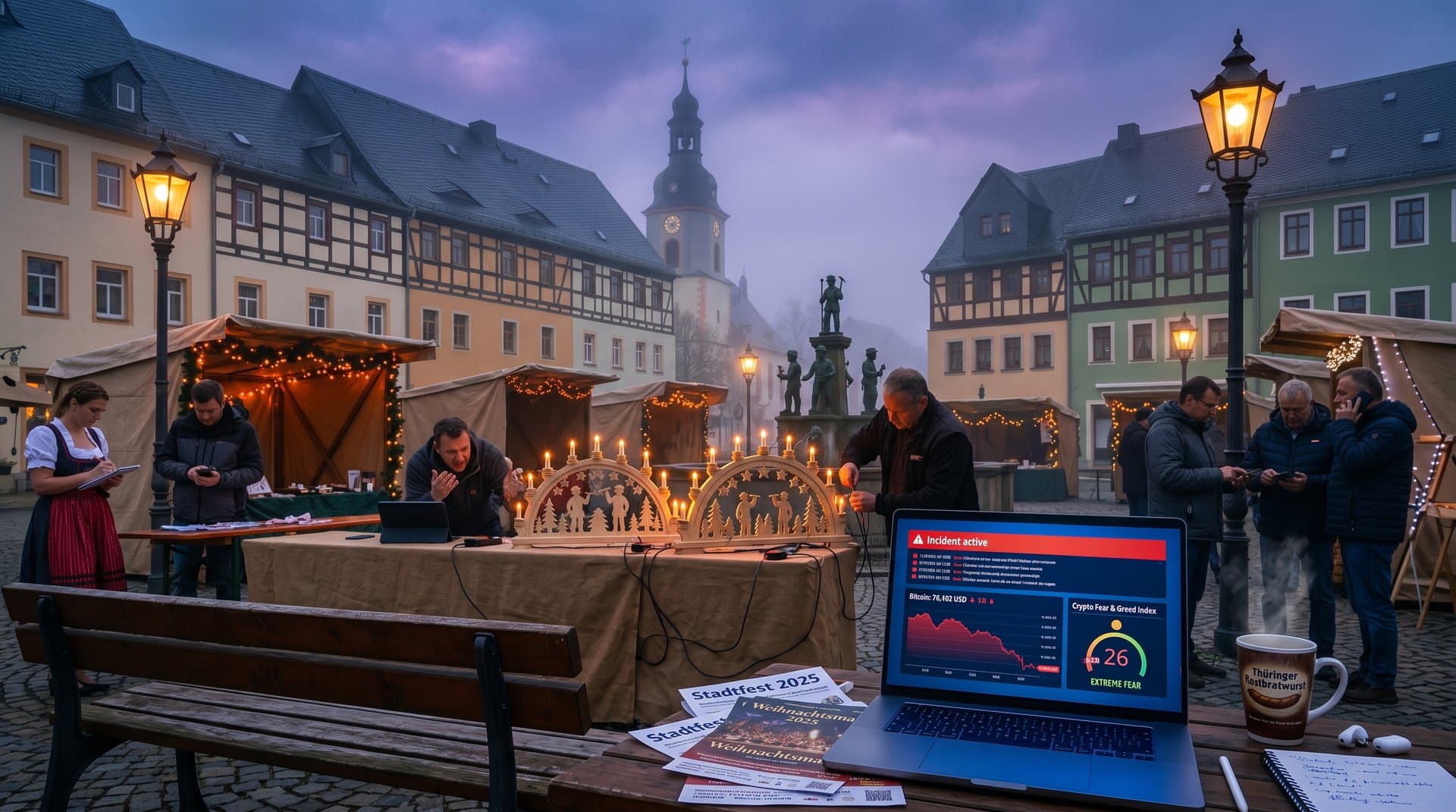 Veranstalter am Stollberger Marktplatz mit GitHub-Ausfall auf Laptop, Weihnachtsmarkt im Hintergrund