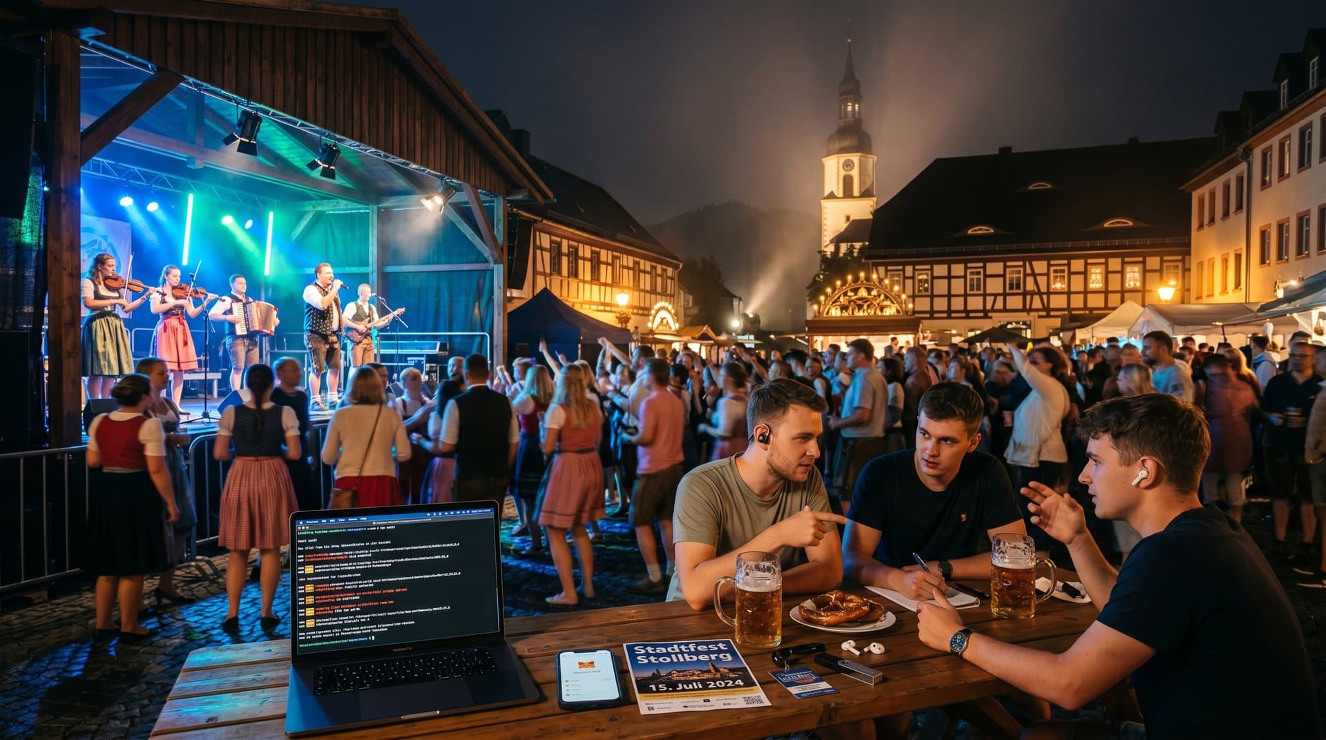 Stollberg Marktplatz bei Stadtfest mit Laptop und npm audit, cyber-sichere Festival-Atmosphäre