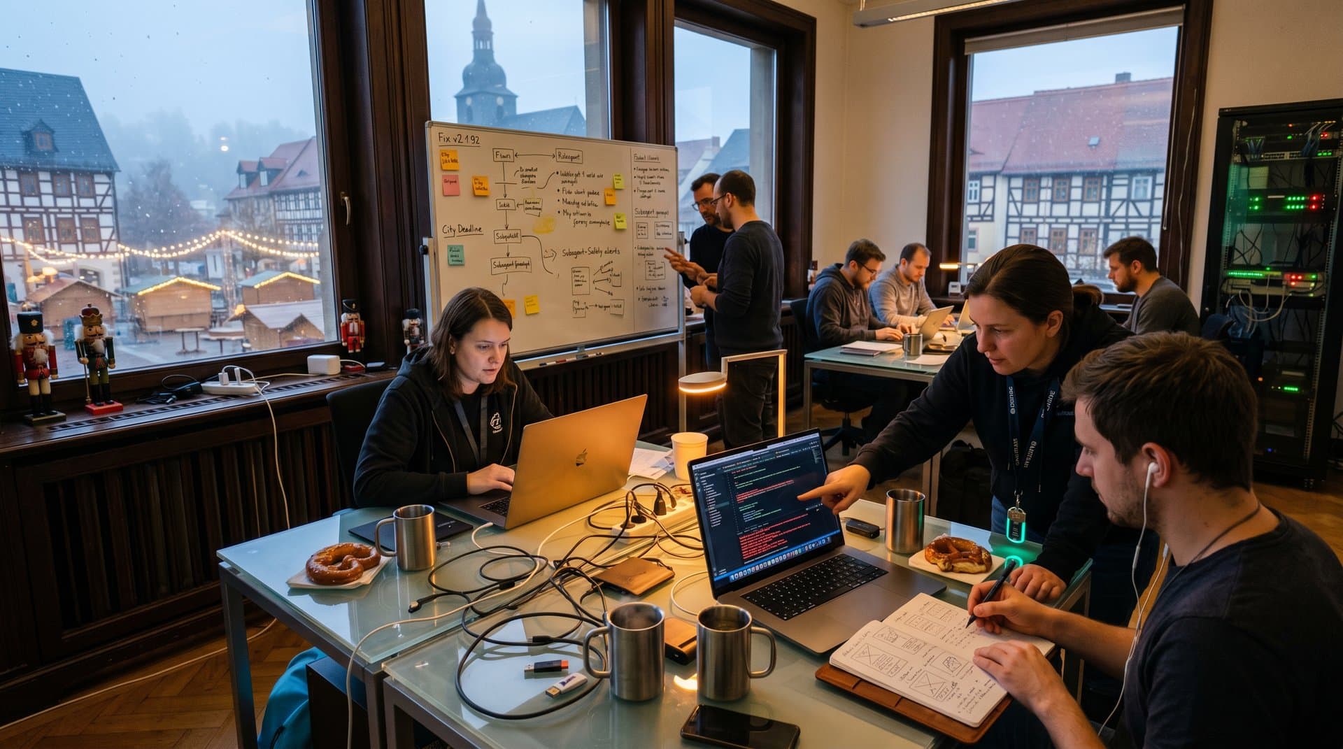 Stollberg Rathaus-Coworking mit Claude Code Logs, Subagent-Fehlern und Marktplatz-Blick