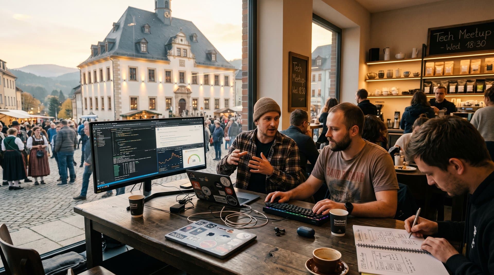 Stollberger Devs mit Ghostty-Terminals und Krypto-Charts in Café am Marktplatz