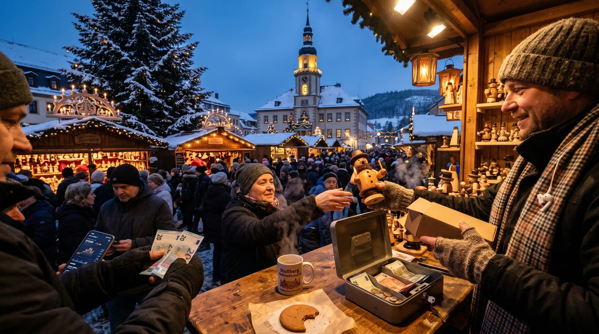 Stollberger Weihnachtsmarkt mit Bargeldzahlungen, keine Crypto-Kiosks, BTC-Chart im Hintergrund