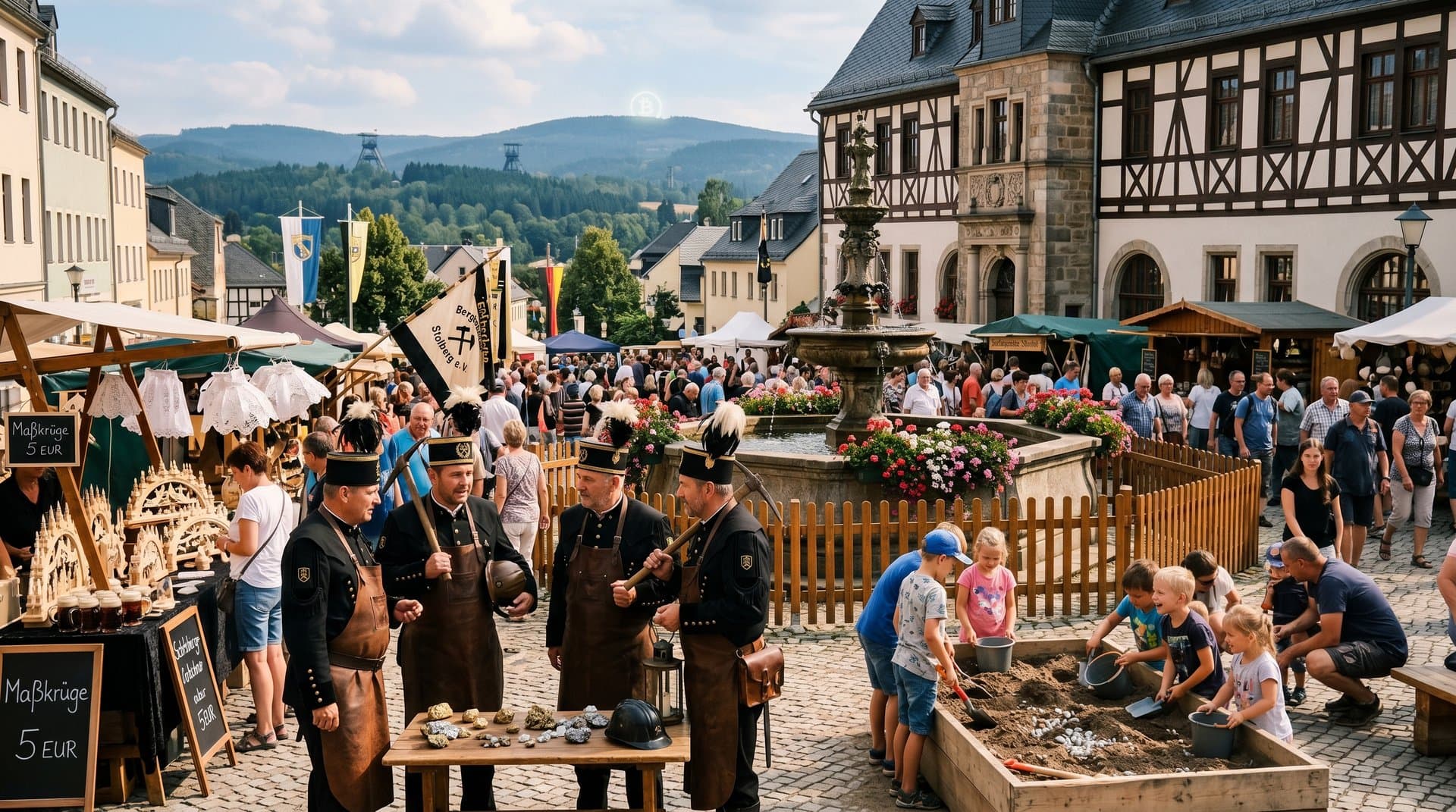Bergleute auf Stollberg Rathausplatz bei Bergbau-Fest mit Gold-Erzen und Bitcoin-Chart-Kontrast
