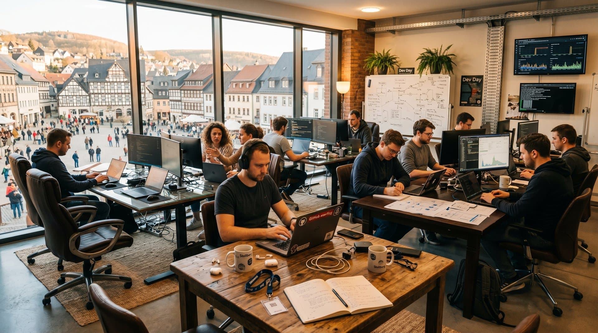 Stollberg-Entwickler im Haus der Heimat bei GitHub-Ausfall-Diskussion mit Laptops und Whiteboards