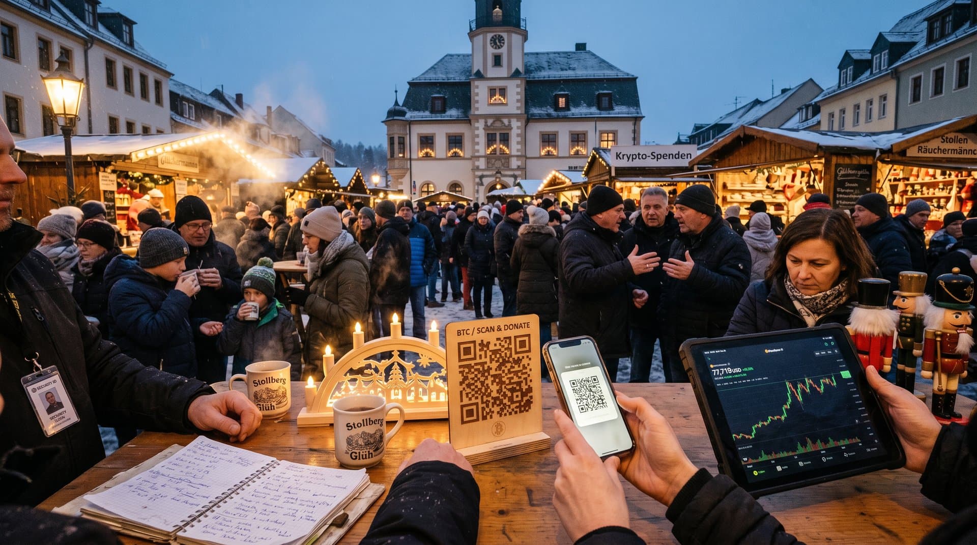 Stollberger Weihnachtsmarkt mit Schwibbögen, BTC-QR-Code und Bitcoin-Chart auf Tablet