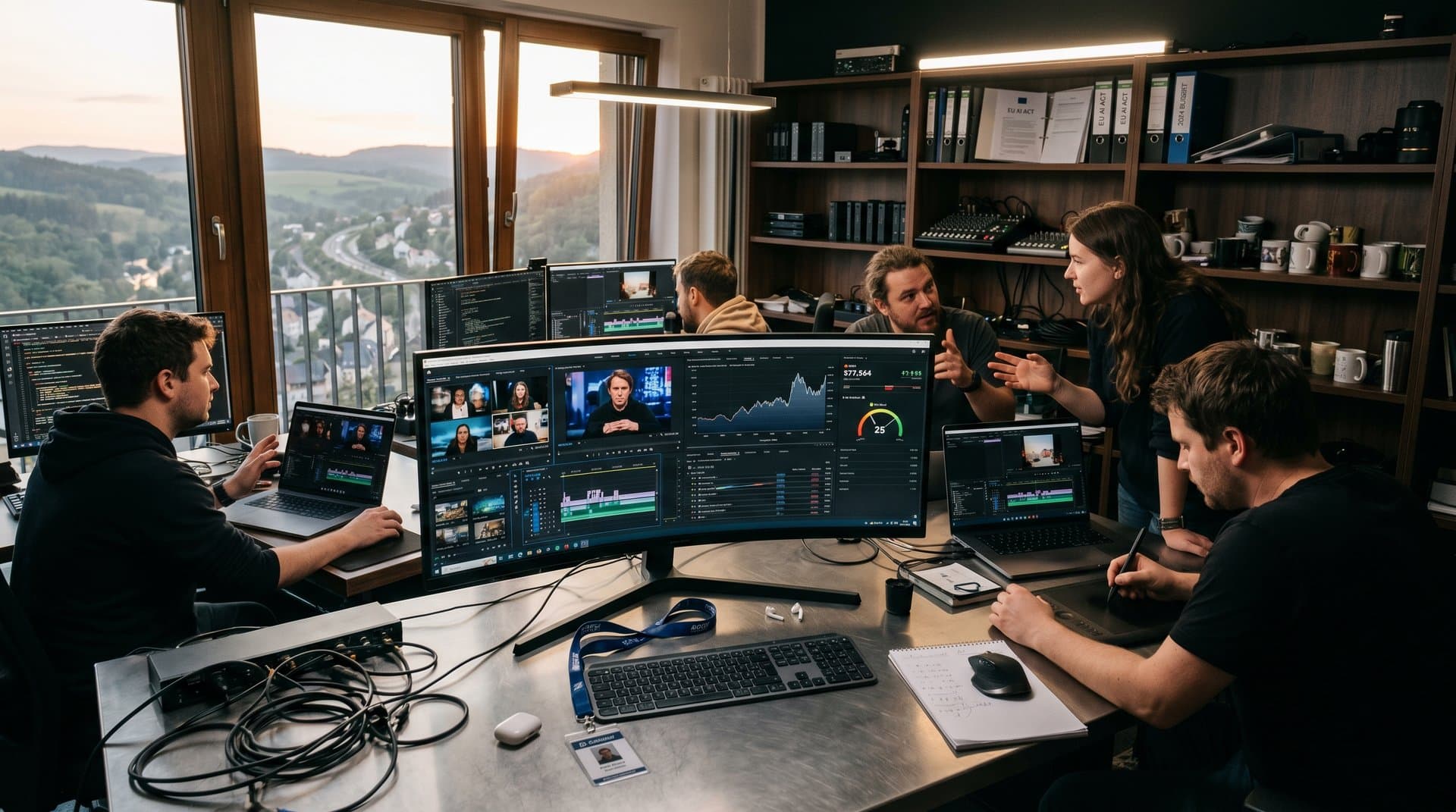 Lokales Filmteam in Stollberg prüft Film TV AI Kontrollen auf Monitoren im Kulturhaus mit Erzgebirge-Ansicht und Tech-Equipment