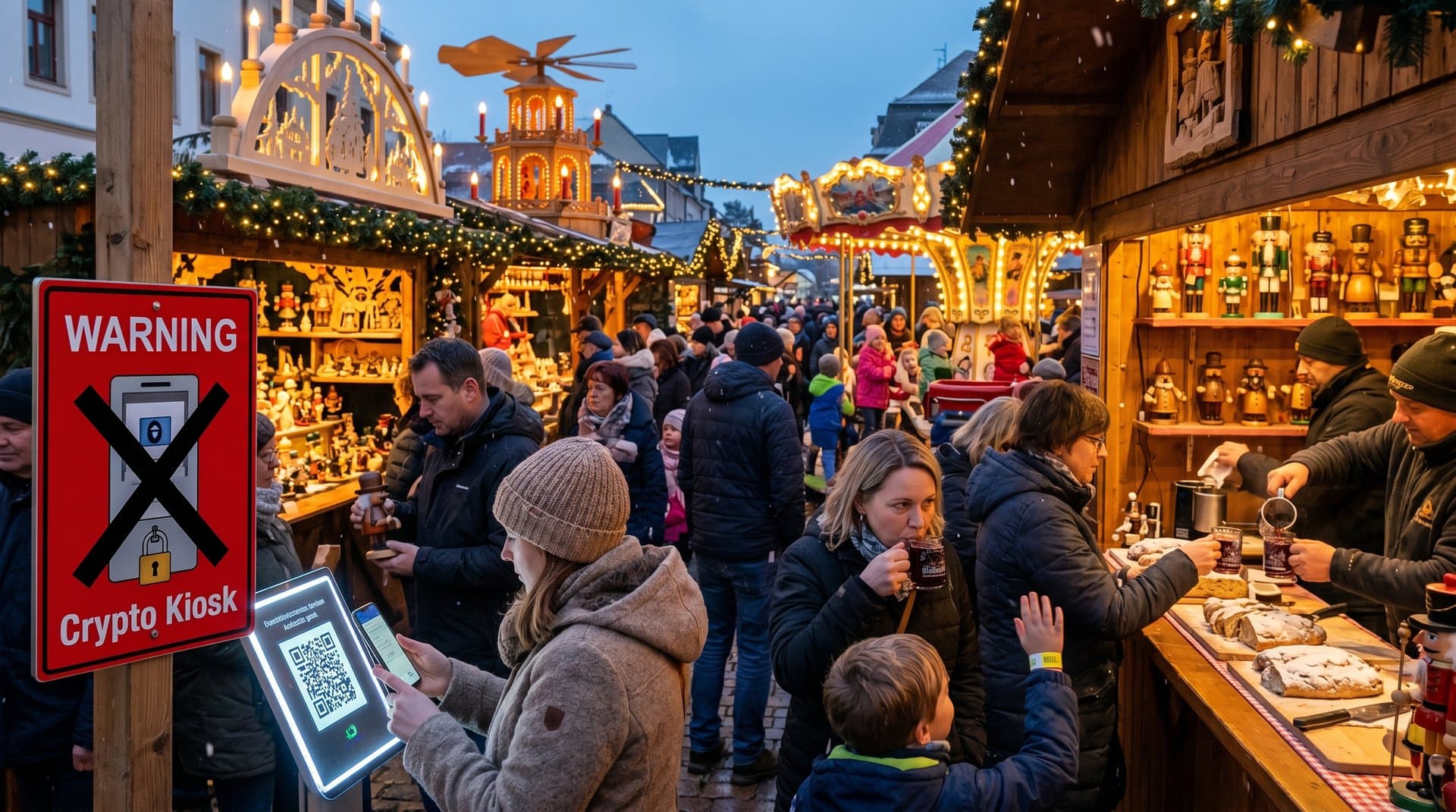 Stollberger Weihnachtsmarkt am Marktplatz mit Warnschild vor Crypto-Kiosk und QR-Code-Zahlungen