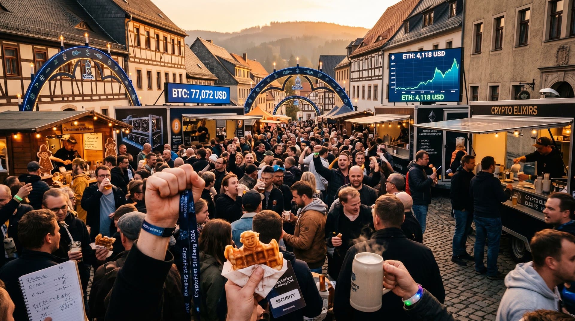 Crypto Hunt Festival auf Stollberg Marktplatz mit Food-Ständen, BTC-Charts und Erzgebirge-Motiven