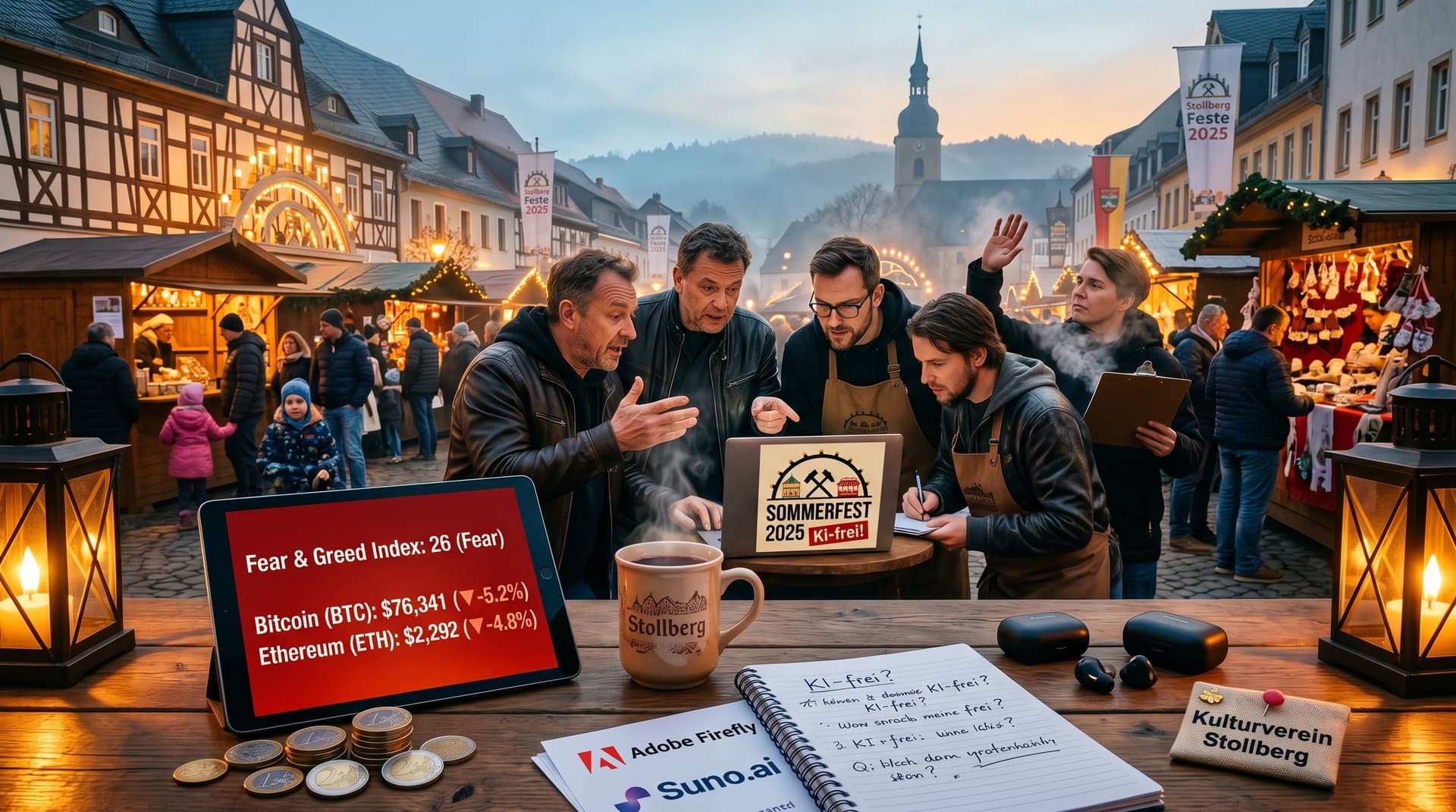 Stollberger Festorganisatoren diskutieren KI-Kontrollen Stollberg Feste auf Marktplatz mit Laptops, Plakaten und Crypto-Charts