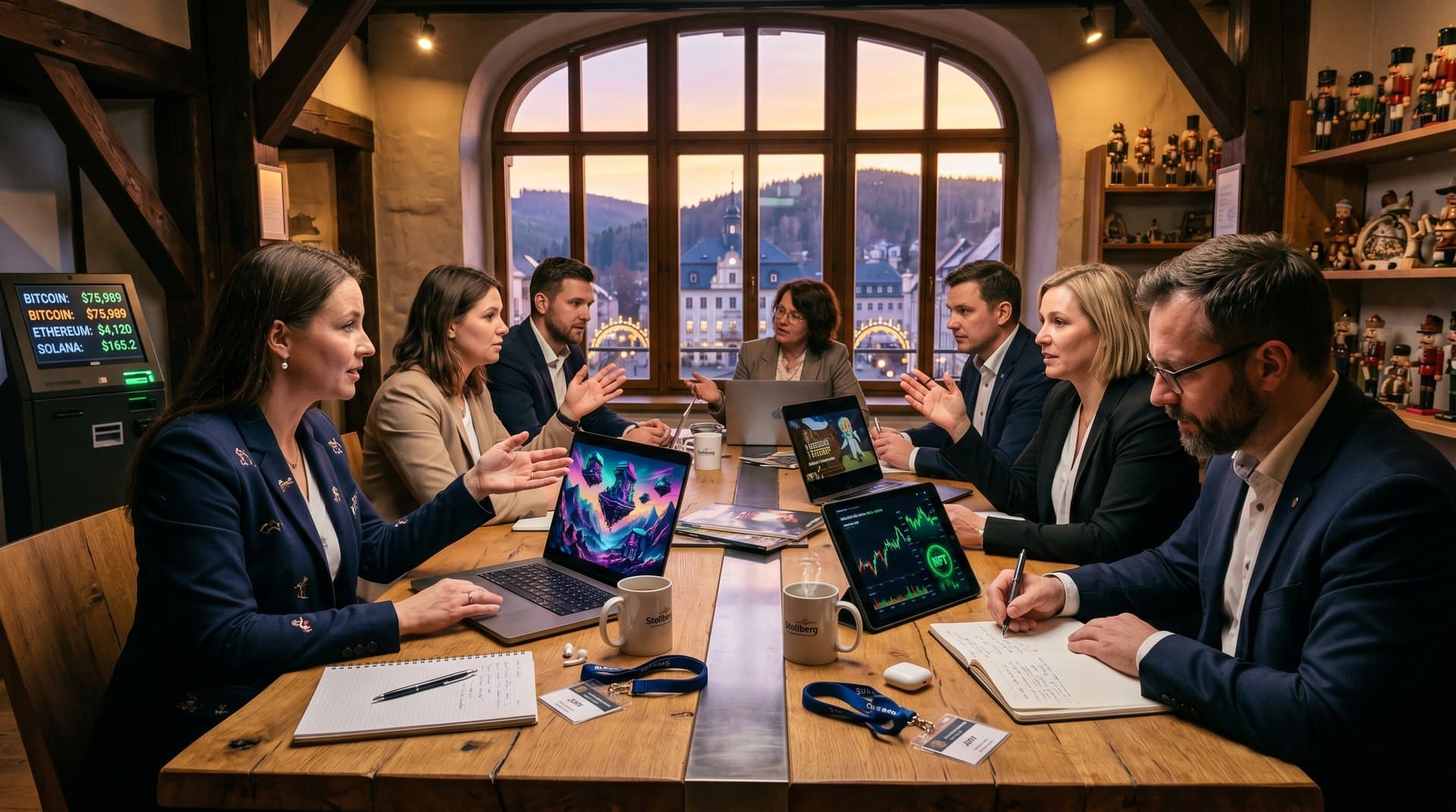Jury bewertet AI-Kurzfilme im Kulturhaus Stollberg mit Laptops und Blockchain-Charts