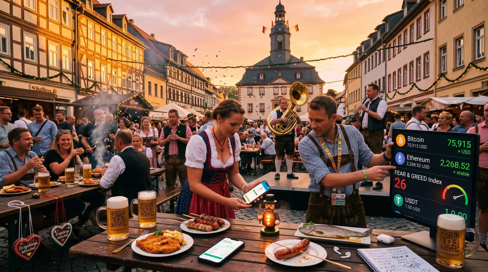 Stollberg Marktplatz-Fest mit Crypto-Zahlungen, BTC- und ETH-Charts, Fear Index 26
