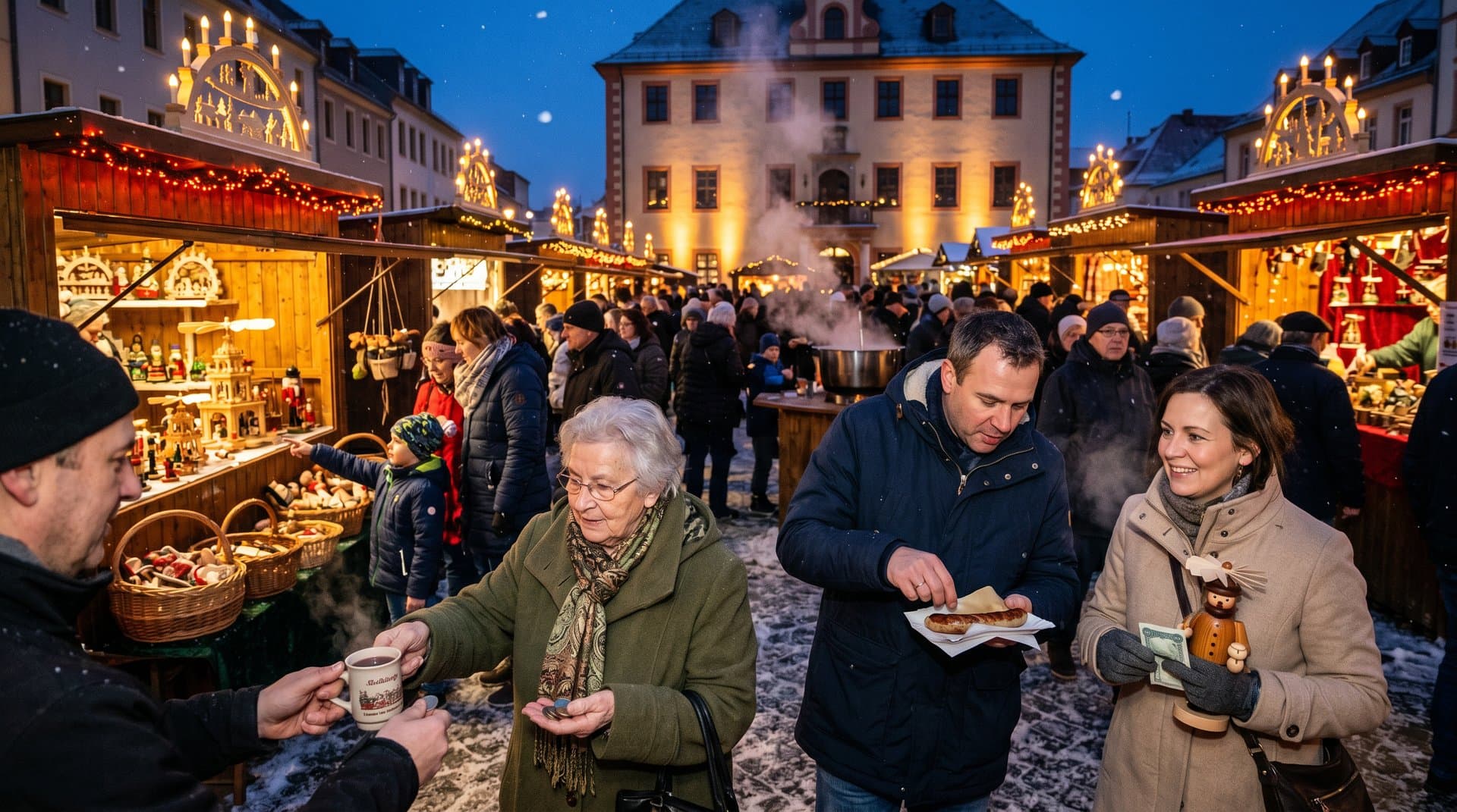 Stollberg Weihnachtsmarkt mit Bargeldkäufen und Schwibbögen, kein Crypto-ATM