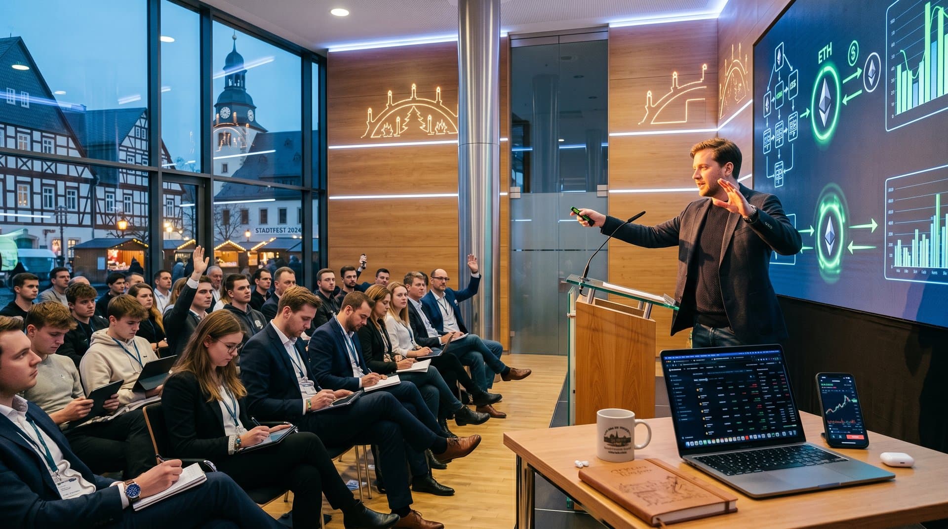 Veranstaltungsraum EWC Stollberg mit Crypto-Charts, Fear & Greed Index und Erzgebirge-Elementen bei Präsentation