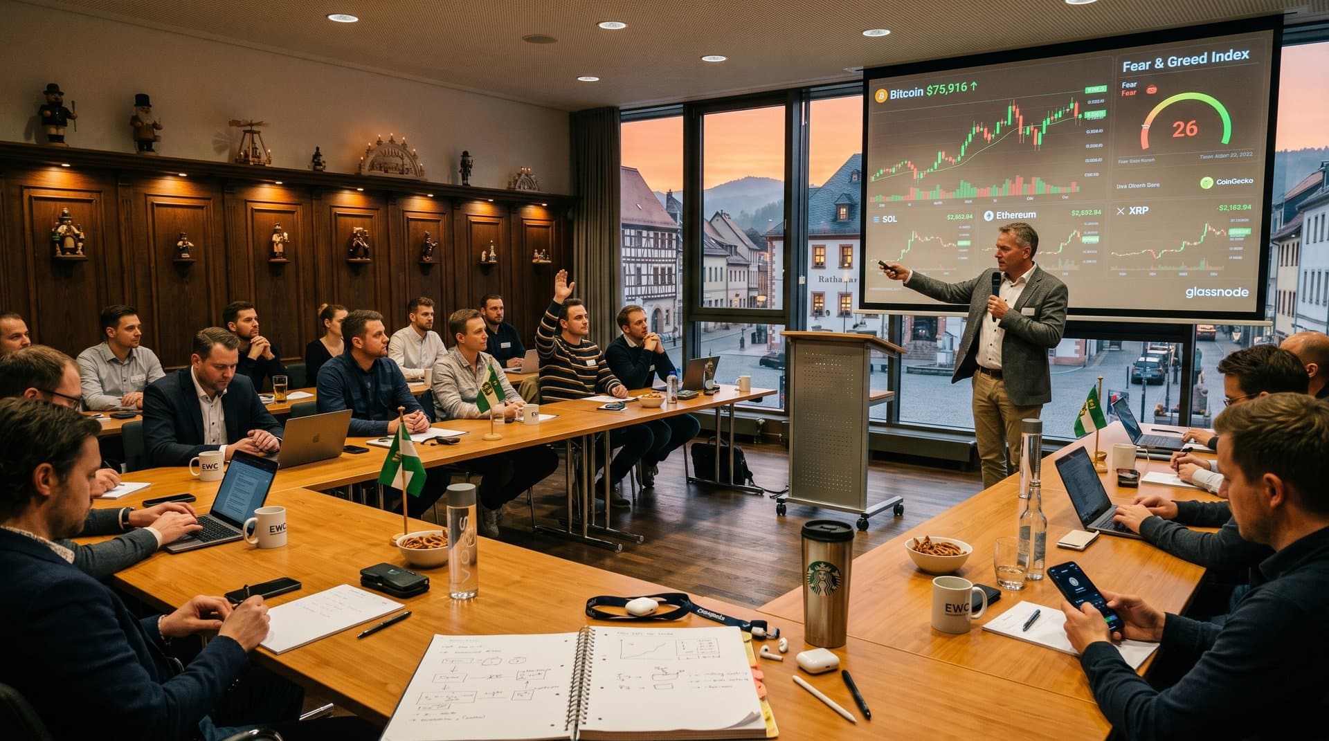 Krypto-Präsentation im EWC-Haus Stollberg: Charts mit BTC 75.916 USD, Zuhörer am Marktplatz, Erzgebirge-Ambiente