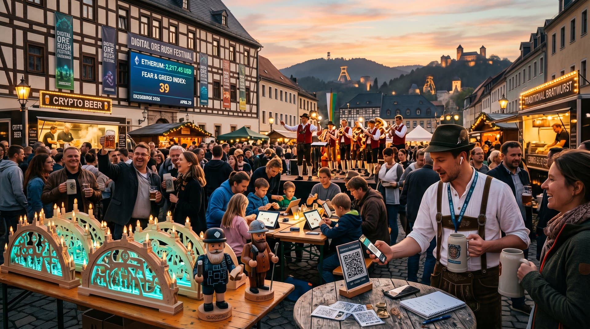 Rathausplatz Stollberg beim Digital Ore Rush Festival mit Ethereum-Preis-Screen, Schwibbögen und Food-Trucks