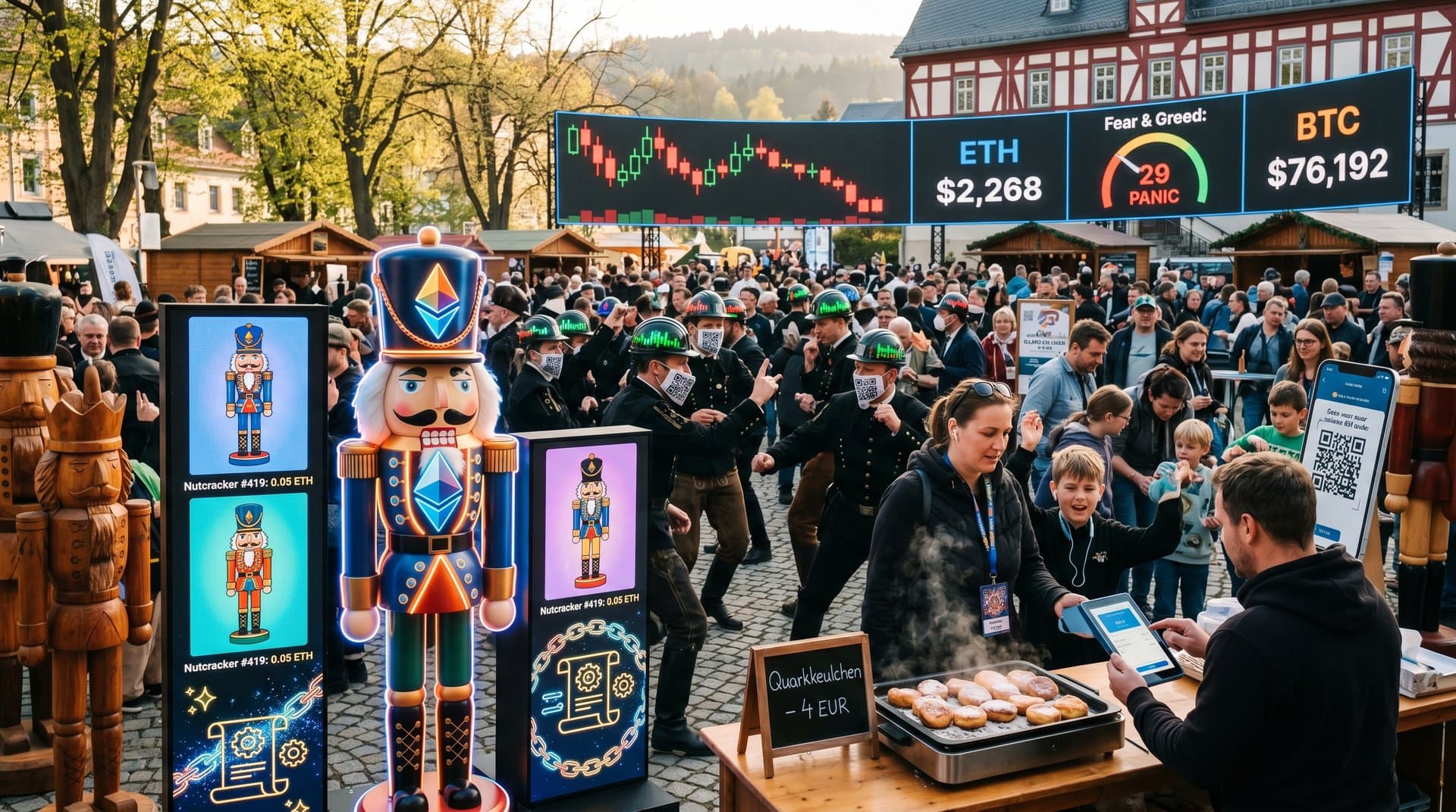 Stollberg Stadtpark mit Nussknacker-NFTs und Ethereum-Charts beim Crypto Erzgebirge Festival